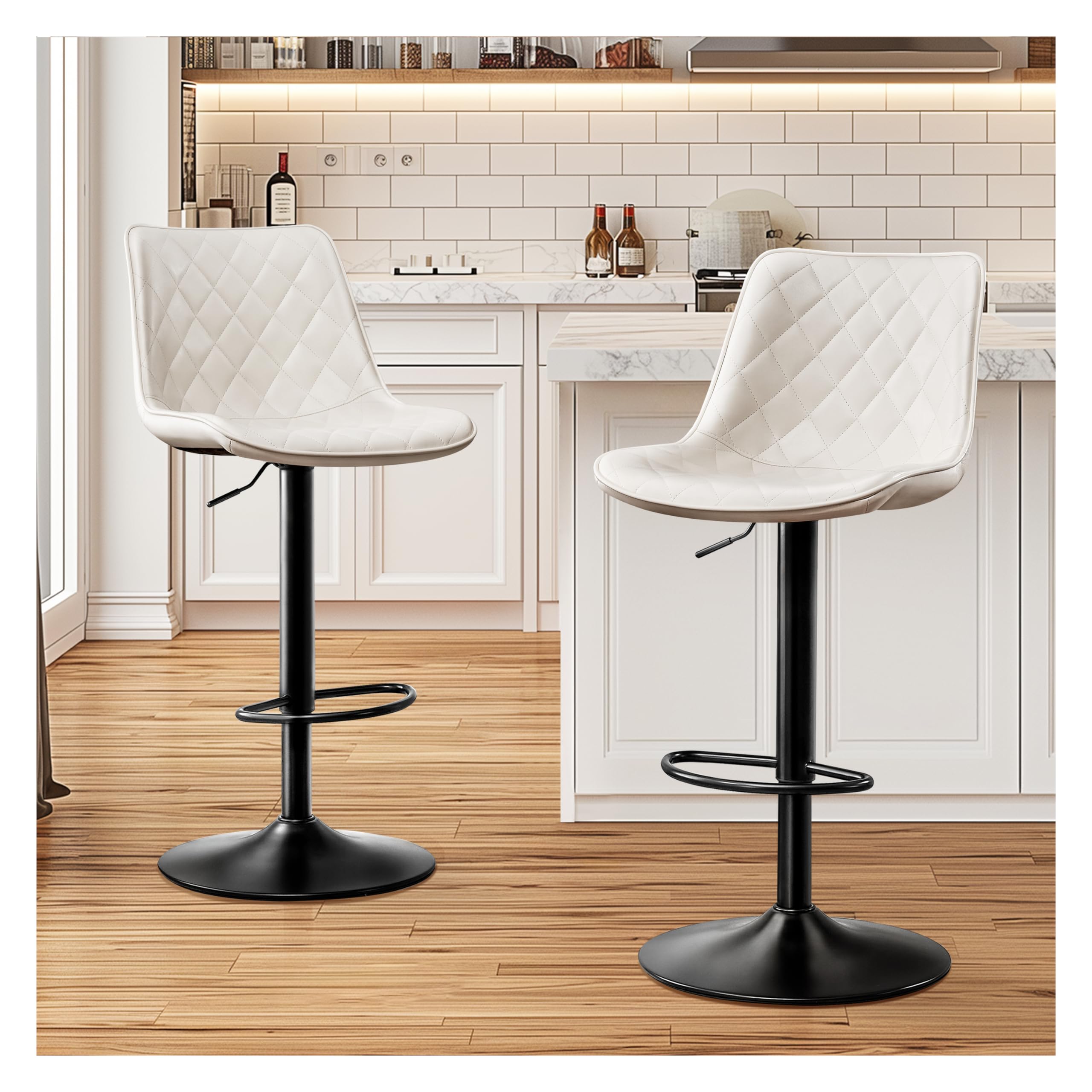 Taburete de Cocina Juego de 2, Taburete Bar con Respaldo, Taburete Alto Cuero de Microfibra, Taburete de Bar Regulables en Altura, Sillas de Bar con Reposapiés-Blanco
