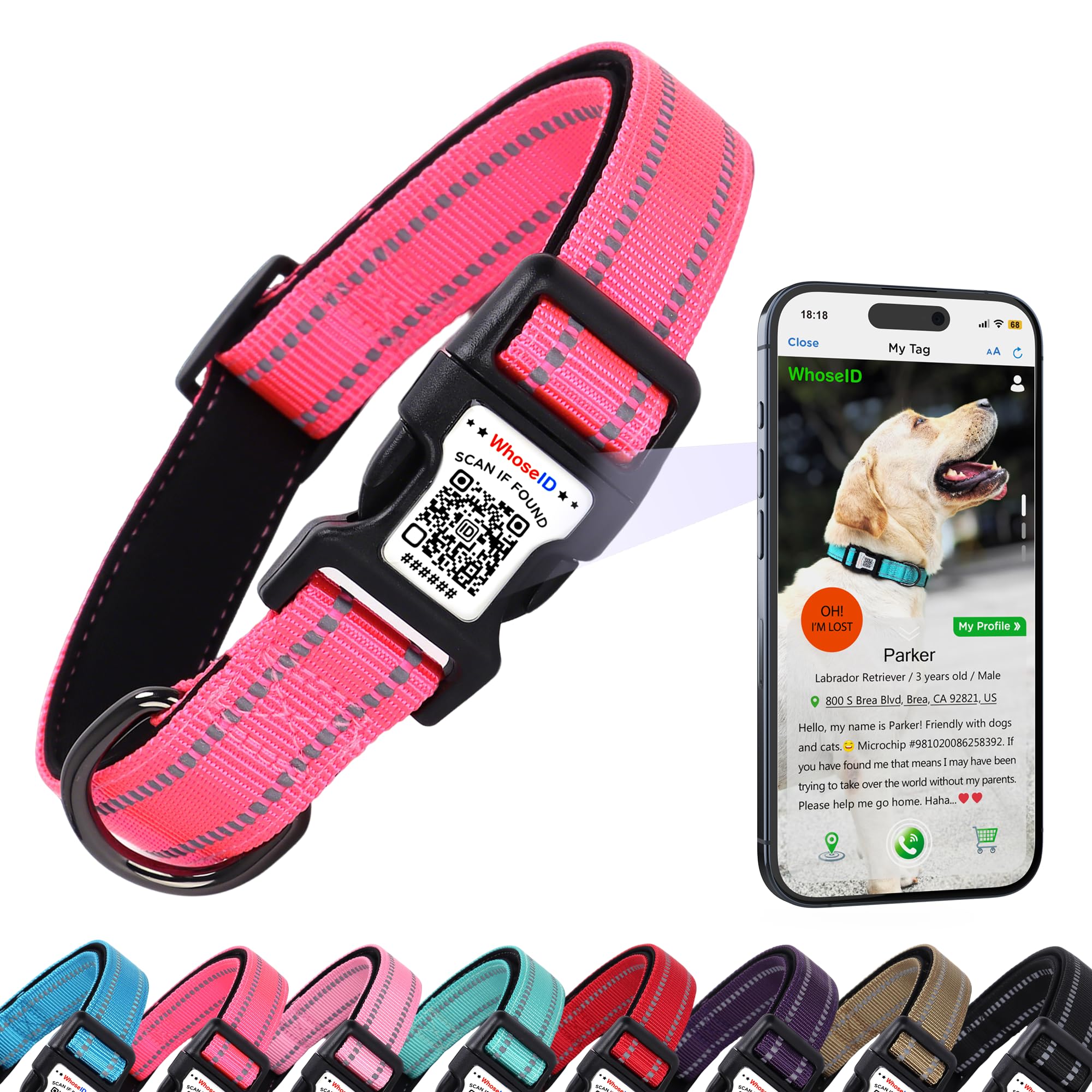 Dog Collar with QR Code, Reflective Pet Collar, Soft Neoprene Padded & Safety Locking Buckle Adjustable Dog Collar for Medium Dogs(Rose,M)