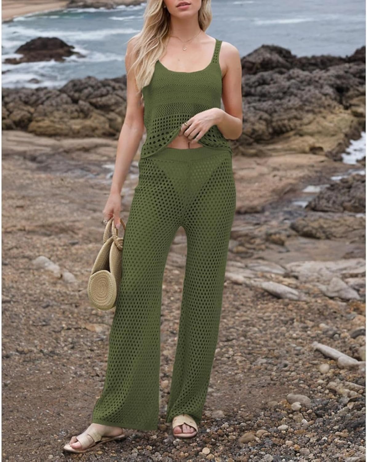 Swimsuit Cover Up 2 Pieces Lounge Set Knit Cami Top Crochet Wide Leg Pants Beach Outfits Boho Sets