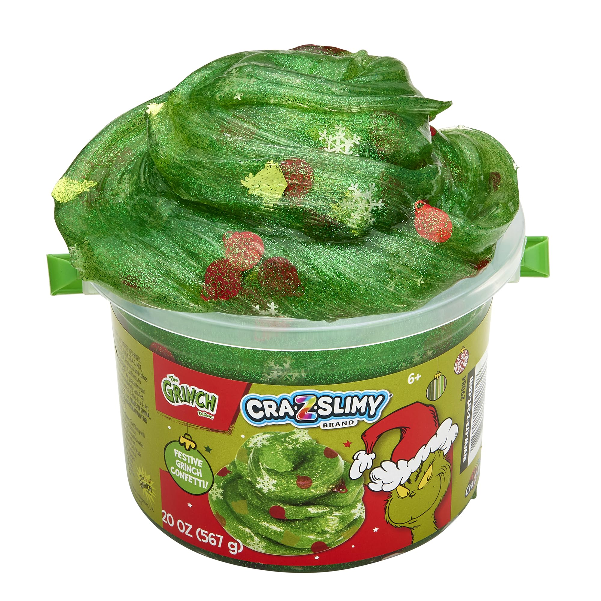 CRA-Z-Slimy The Grinch Green Glitter Slime Tub, 20 oz – Includes Festive Grinch Confetti, Stretchy Holiday Slime for Kids Ages 6+, Sensory Christmas Toy