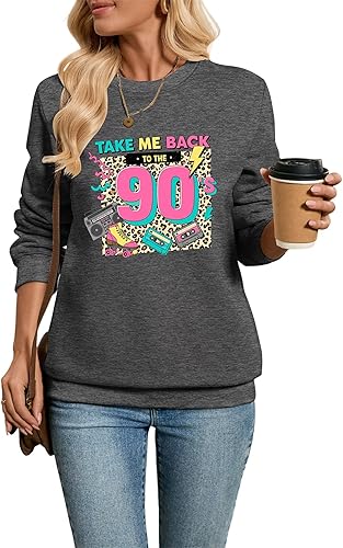 Women's Take Me Back to the 90's Retro Graphic Fleece Sweatshirt Vintage 90s Cassette Radio Roller Skate Print Tops