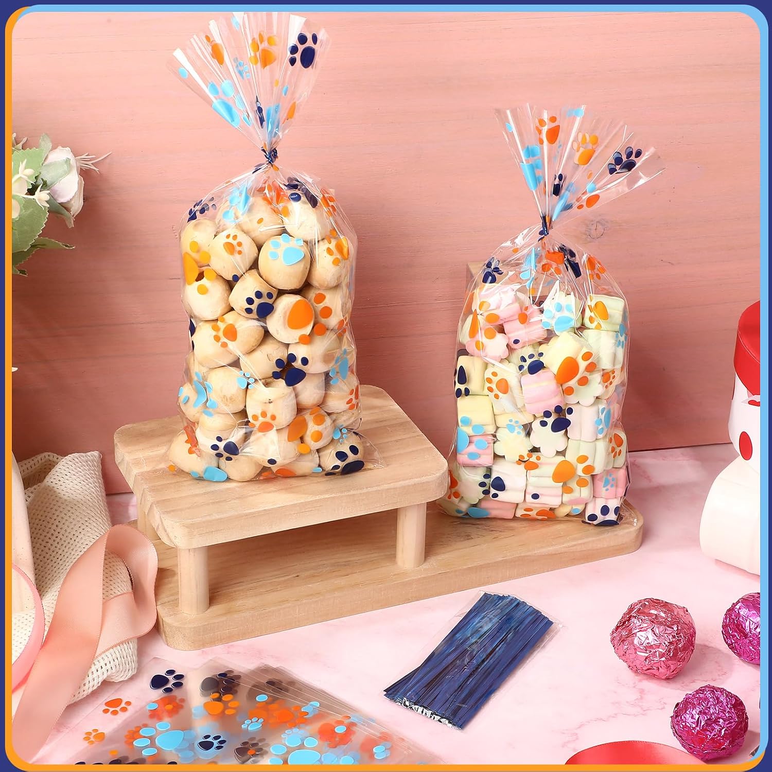 Blulu 100 Pcs Dog Treat Bags Puppy Party Favor, Blue and Orange image 4