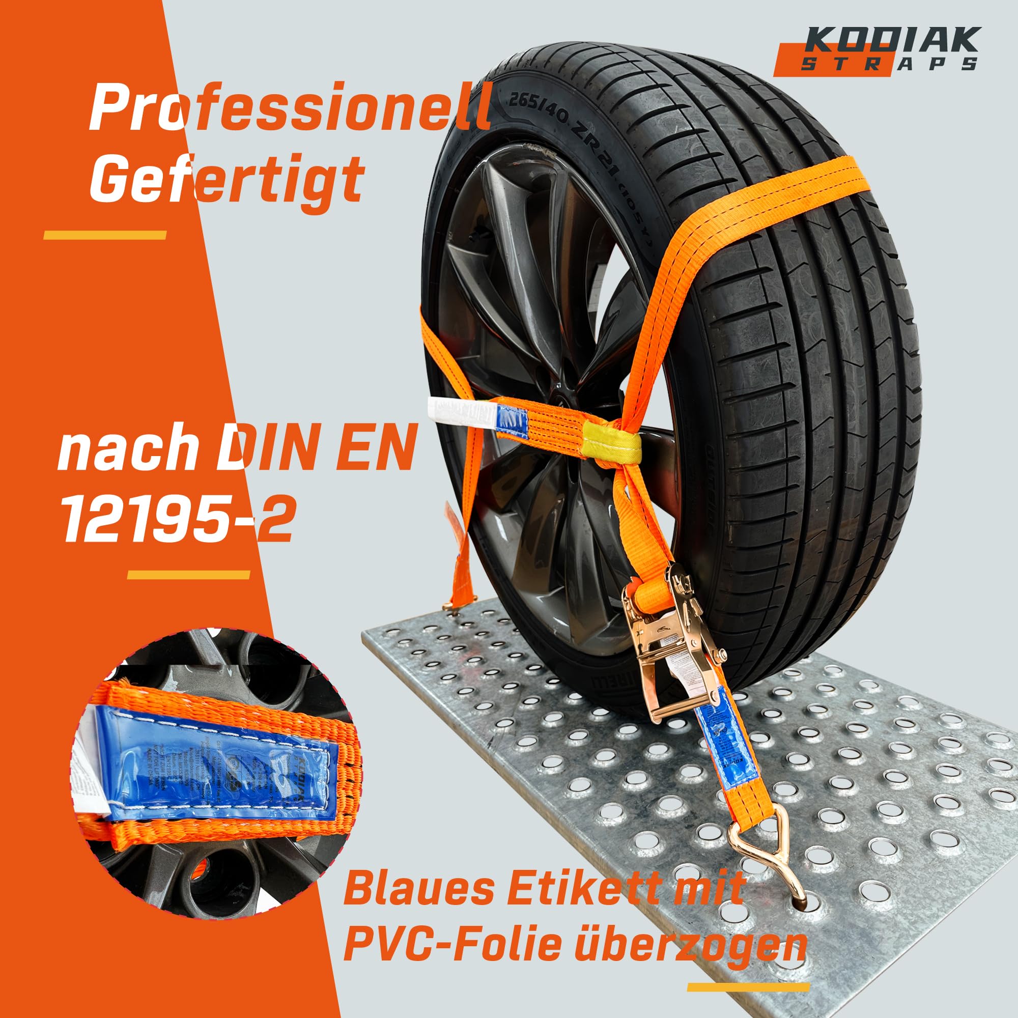 4 Stück Spanngurte für Autotransport | 35 mm Breite | 2000 daN | Zurrgurte für Radsicherung, PKW, Anhänger & NFZ - TÜV G/S Zertifizierte Ratschengurte Nach DIN EN 12195-2 - KODIAK STRAPS