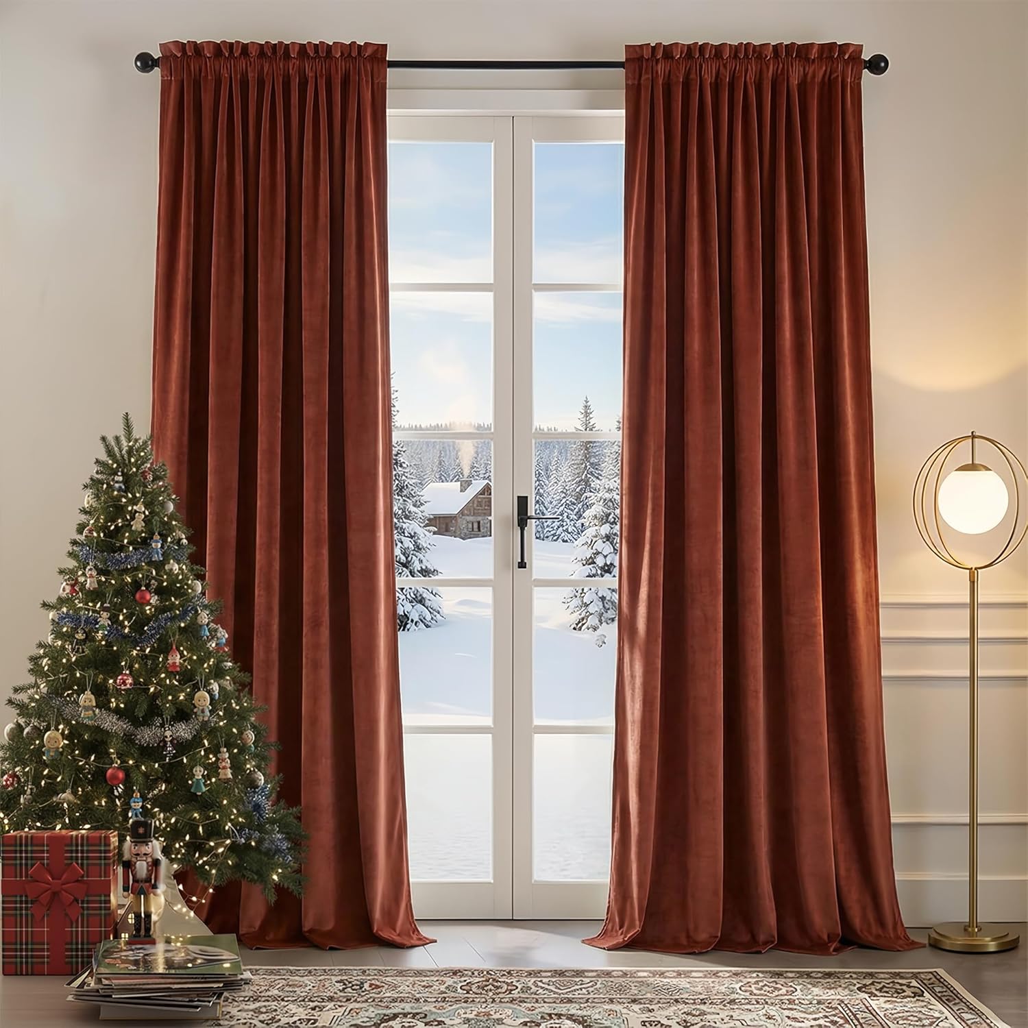 Nemia Rust Burnt Orange Velvet Curtains Thermal Insulated Blackout Curtain for Bedroom Window Living Room Darkening Luxury Vintage 96 Inches Long Heavy Drapes Panels Rod Pocket Set of 2