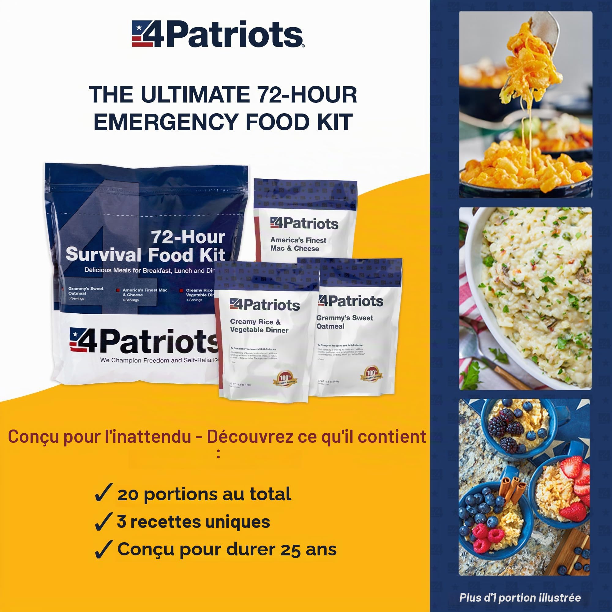 4Patriots Kit alimentaire de survie 72 heures : nourriture d'urgence résistante aux catastrophes avec une incroyable variété conçue pour durer 25 ans dans des sachets alimentaires d'urgence, 20