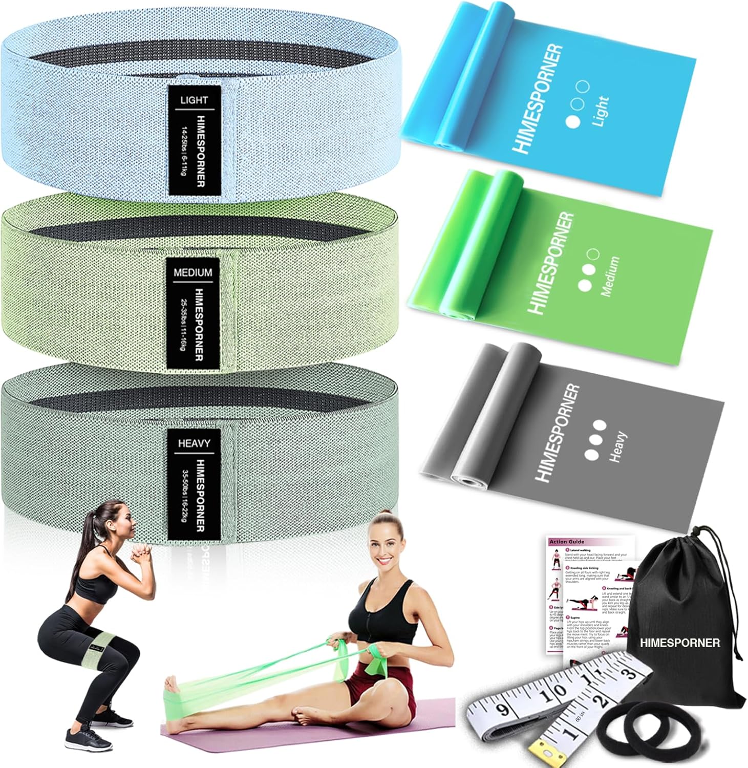 Fasce di resistenza in tessuto larghe per allenarsi, 3 livelli antiscivolo Bande per bottino per donna e uomo Gamba e glutei con lacci per capelli e misura di nastro - per allenamento a casa in palestra, yoga, pilates