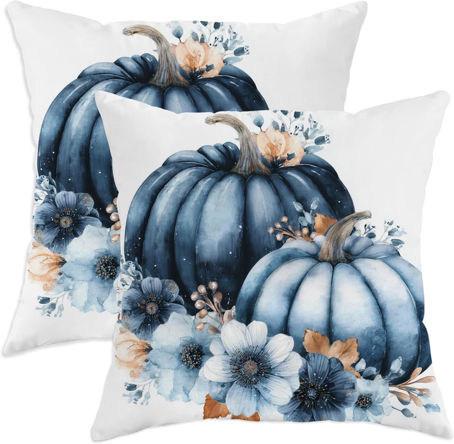 Autumn Pumpkin Throw Pillow Covers Set of 2, Blue Floral Decorative Cushion Covers for Fall Harvest Home Decor, Perfect for Sofa Couch Bed 28x28 Inch