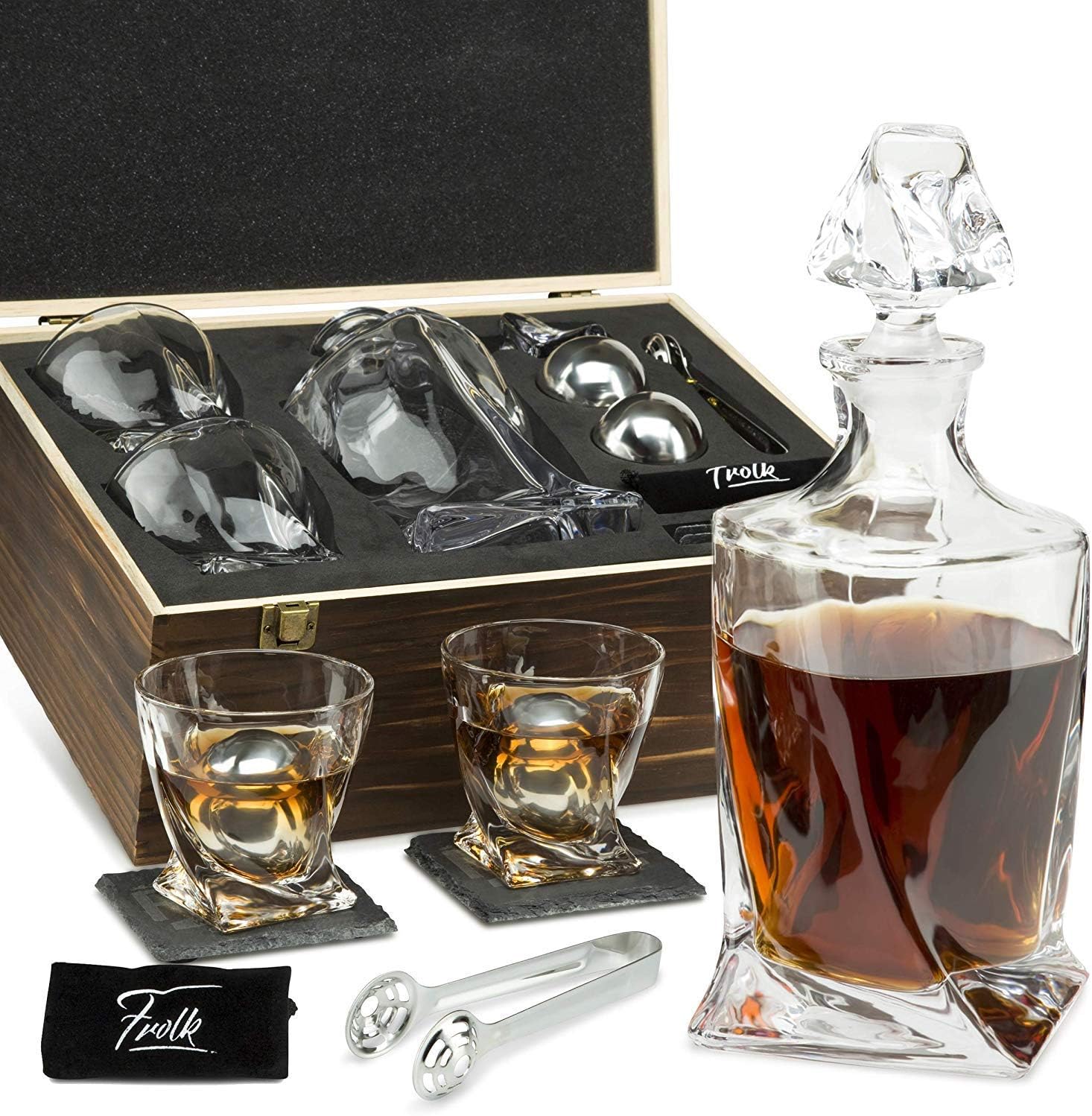 Whiskey Stones Gift Set for Men & Women - Whiskey Decanter, 2 Twisted Whiskey Glasses, 2 XL Stainless Steel Whisky Balls, 2 Coasters, Special Tongs & Freezer Pouch in Pinewood Box