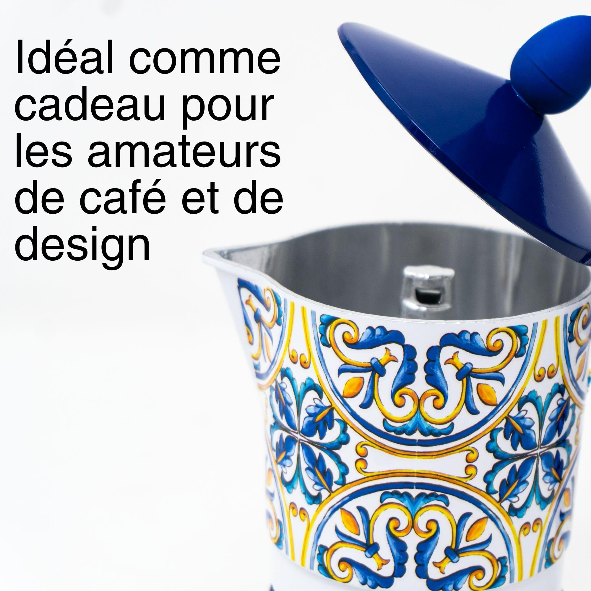 NAMAI - Cafetiere Italienne 3 Tasses de 180 ML, Aluminium Résistant, Avec Poignée Isolante, Couleurs Vives, Coffee Maker, Non Compatible Avec l'Induction, Idée Cadeau (Vietri)