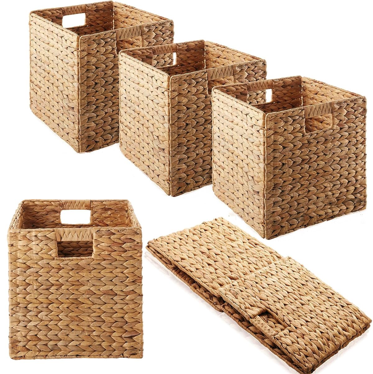 Gewebte Regalkörbe, 26,7 cm, Wasserhyazinthe, handgefertigt, offene Aufbewahrungskörbe, hellbraun, Speisekammerkörbe, Organisationskorb, faltbare Aufbewahrungskörbe für Schlafzimmer, Cubby Cubes