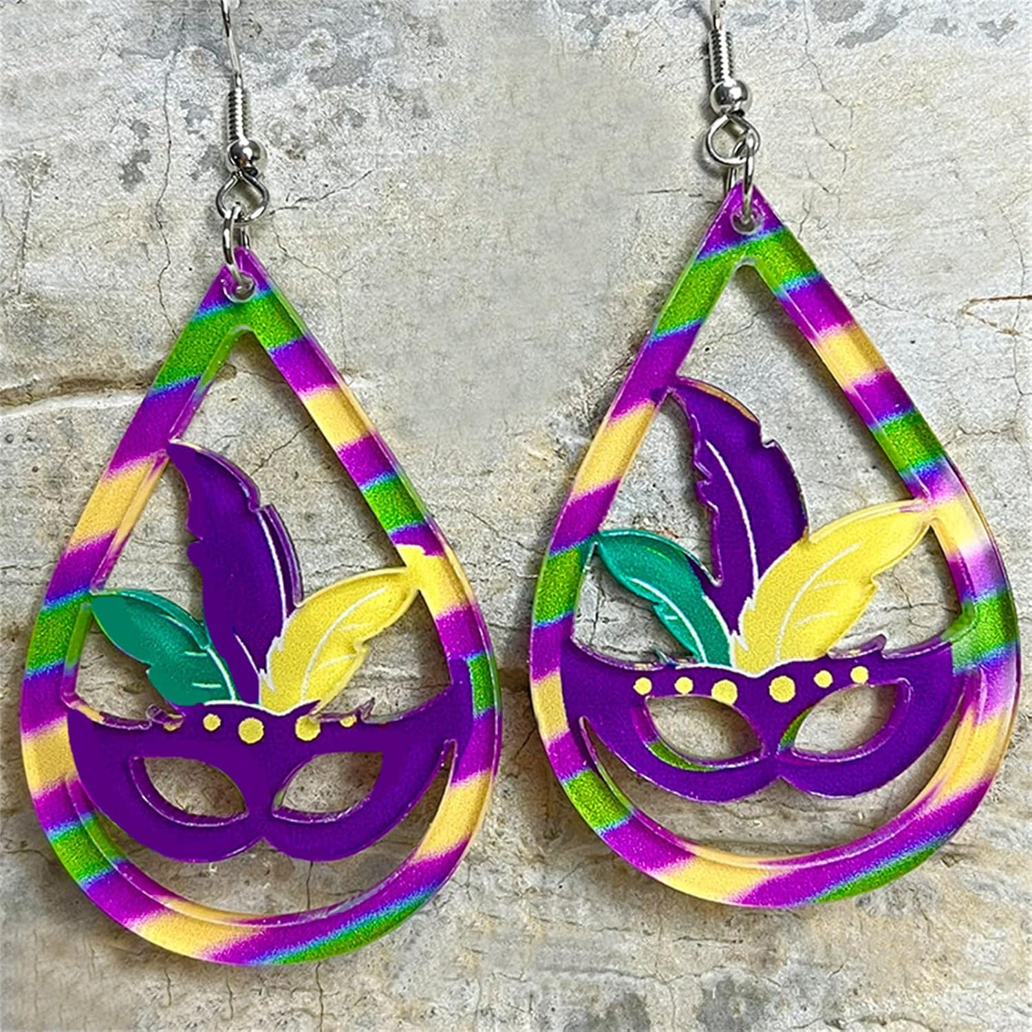 Dreuyet Mardi Gras Acrylic Earrings Crown Carnival Mask Letter MARDI GRAS Dangle Earrings for Women Holiday Jewelry Dangling Festival Boho Llama Fun Drop Earrings Parade - Image 2