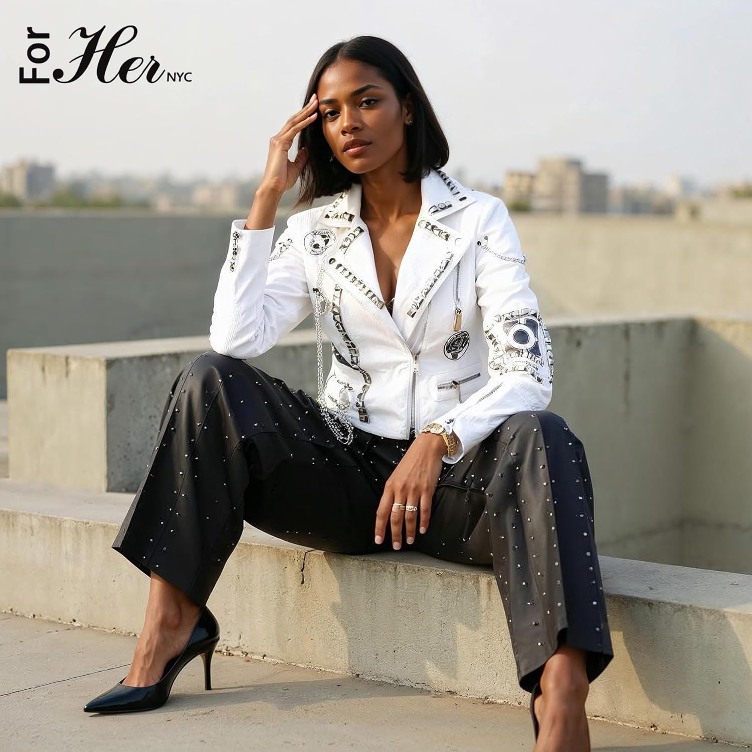 Women's Studded Leather Moto Jacket – Graphic Print Biker Coat – Vintage Rocker Style – 81771