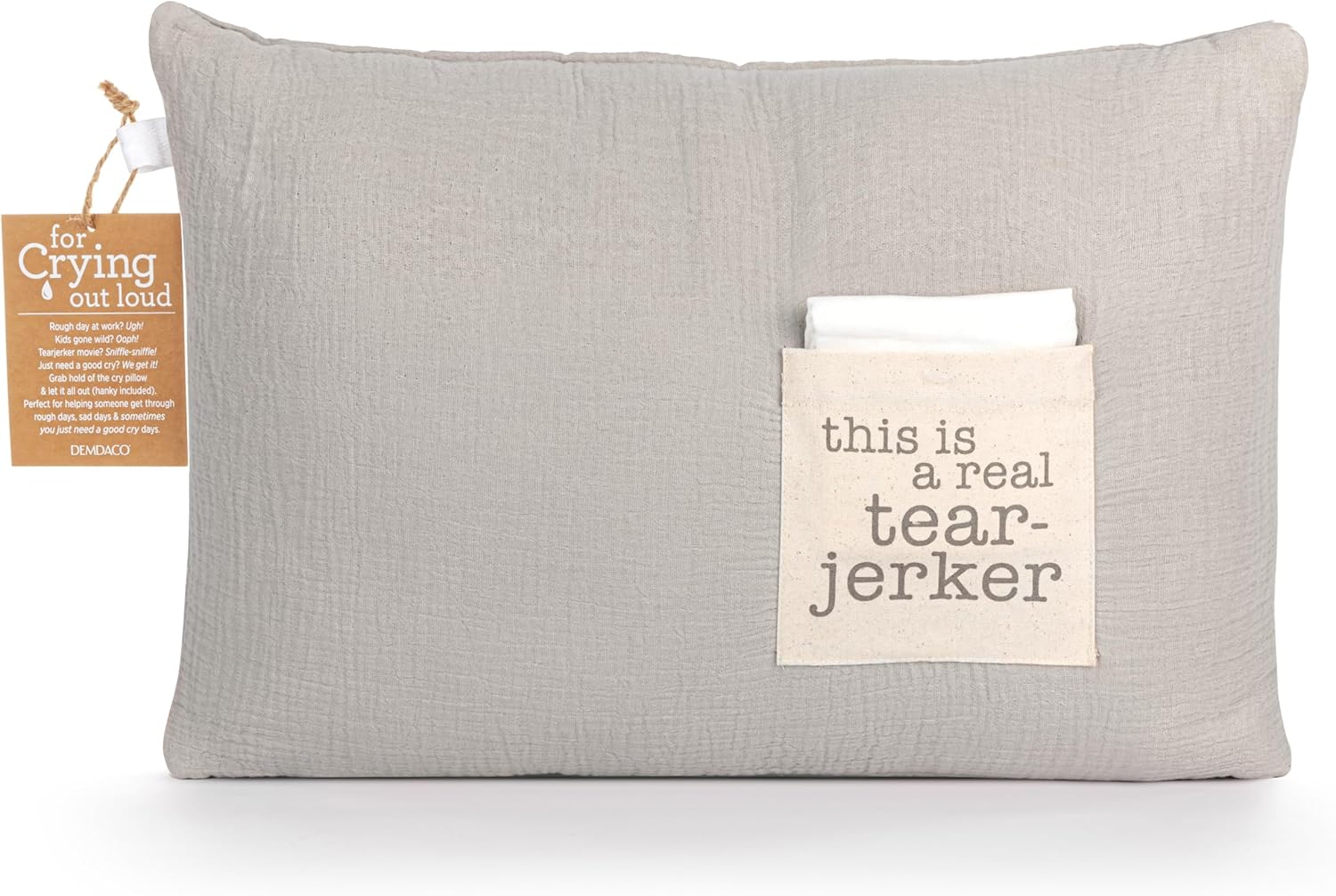 DEMDACO A Real Tear-Jerker Tissue Holder Pocket 18 x 12 inch Soft Knit Cotton Polyester Blend Comfort Plush Throw Pillow, Dove Grey