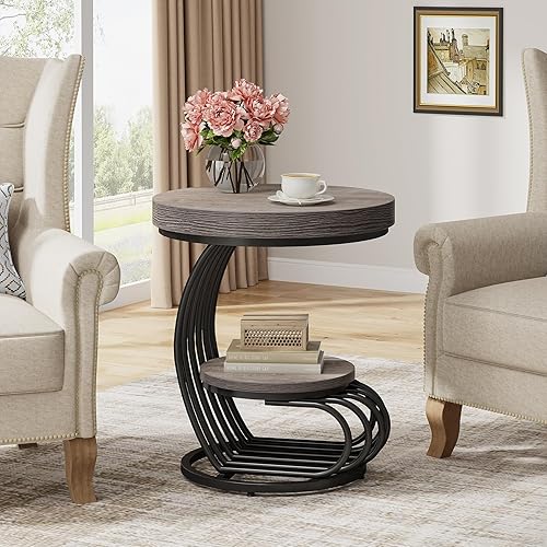 Miniatura 8 de Tribesigns Mesa auxiliar redonda, mesa auxiliar de madera de 2 niveles con almacenamiento de estantes, mesita de noche lateral para sofá pequeño,