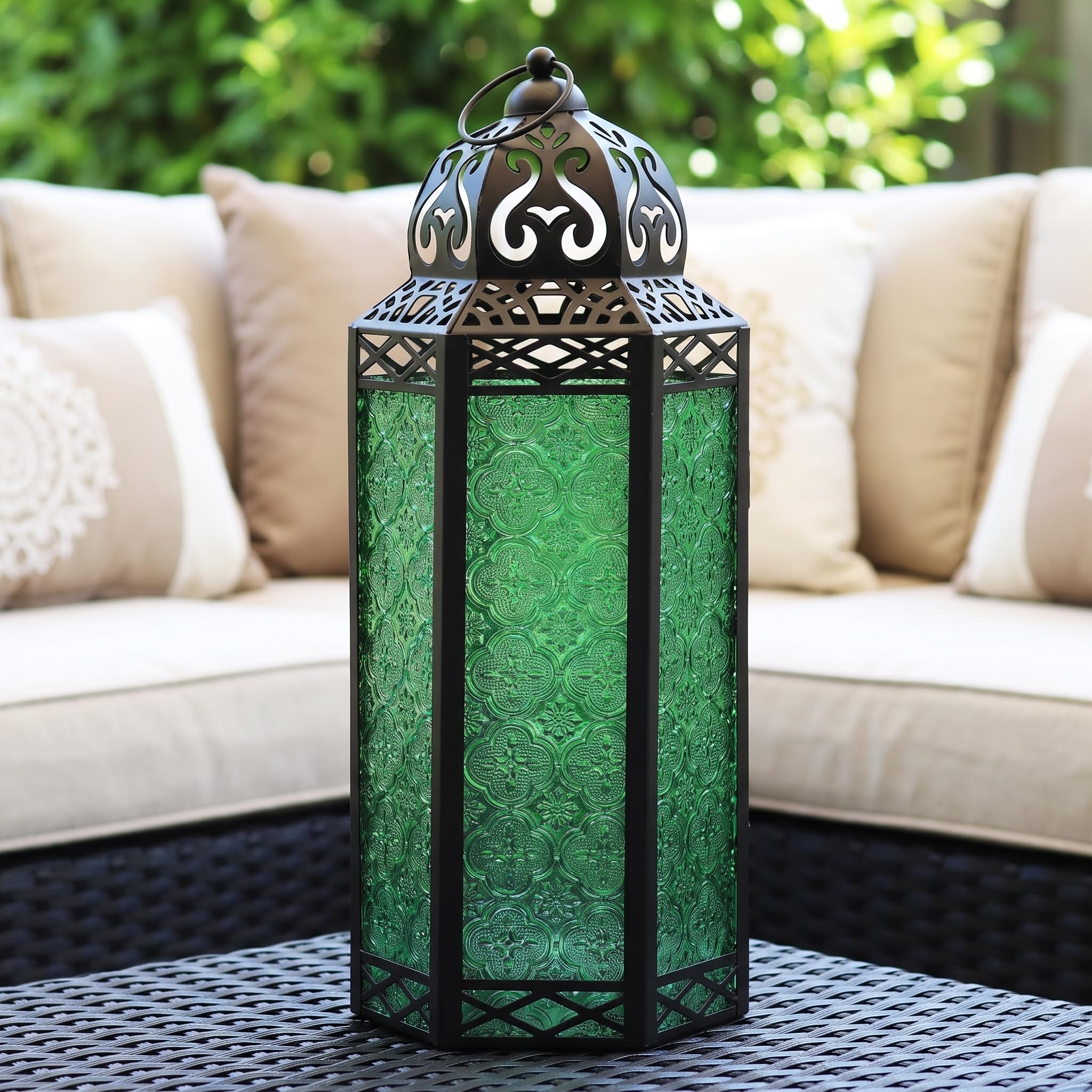 Lanterna decorativa marocchina in metallo nero, portacandela per interni ed esterni, decorazione per la casa, extra large, verde
