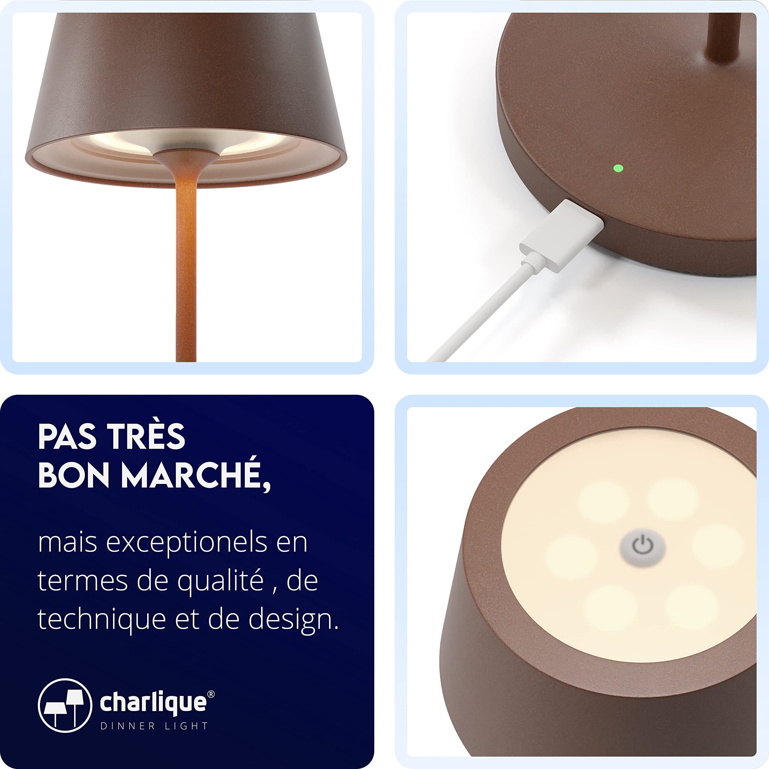 Dinner Light 2 mini - Lampe de table design en marron– lumière LED sans fil rechargeable puissante – lampe USB portable et dimmable - pour l'intérieur et l'extérieur