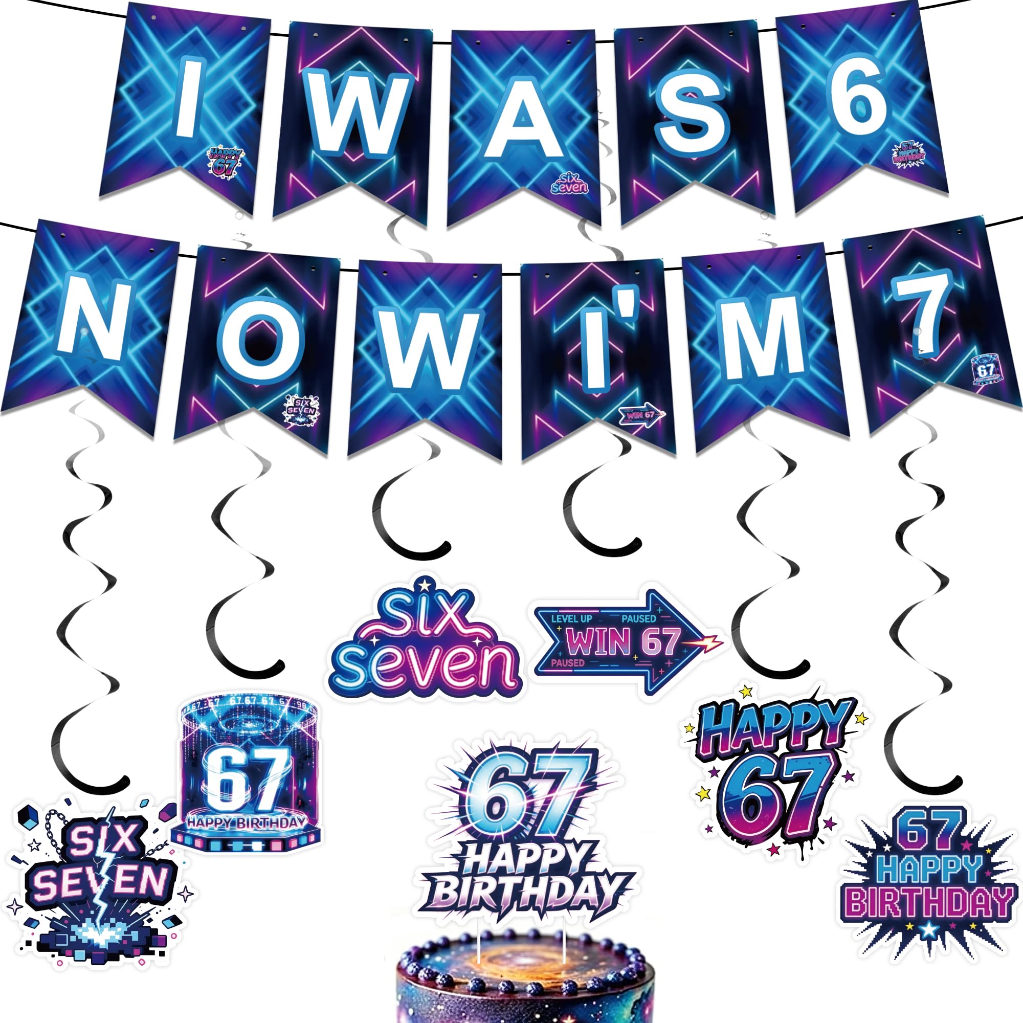 67 Birthday Decorations Banner Set - 9 PC Happy Birthday I was 6 Now I'm 7 Banners Hanging Swirls Cake Topper Tech-Themed for Boys Girls Funny Six Seven Years Old Party Supplies