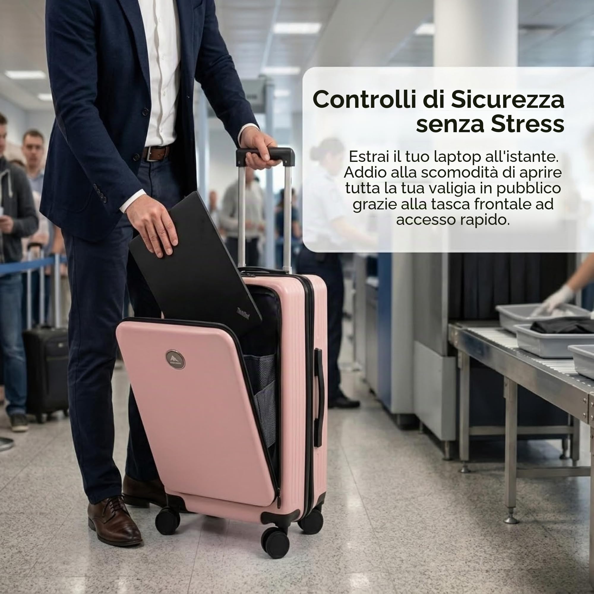 CAMIR-Valigia da cabina con USB Smart Bagaglio Trolley a mano Borsa multiuso Tasca frontale Bagaglio a mano portatile 4 ruote, Valigia da cabina con lucchetto TSA 55x35x23,5 ABS+PC (ROSA)