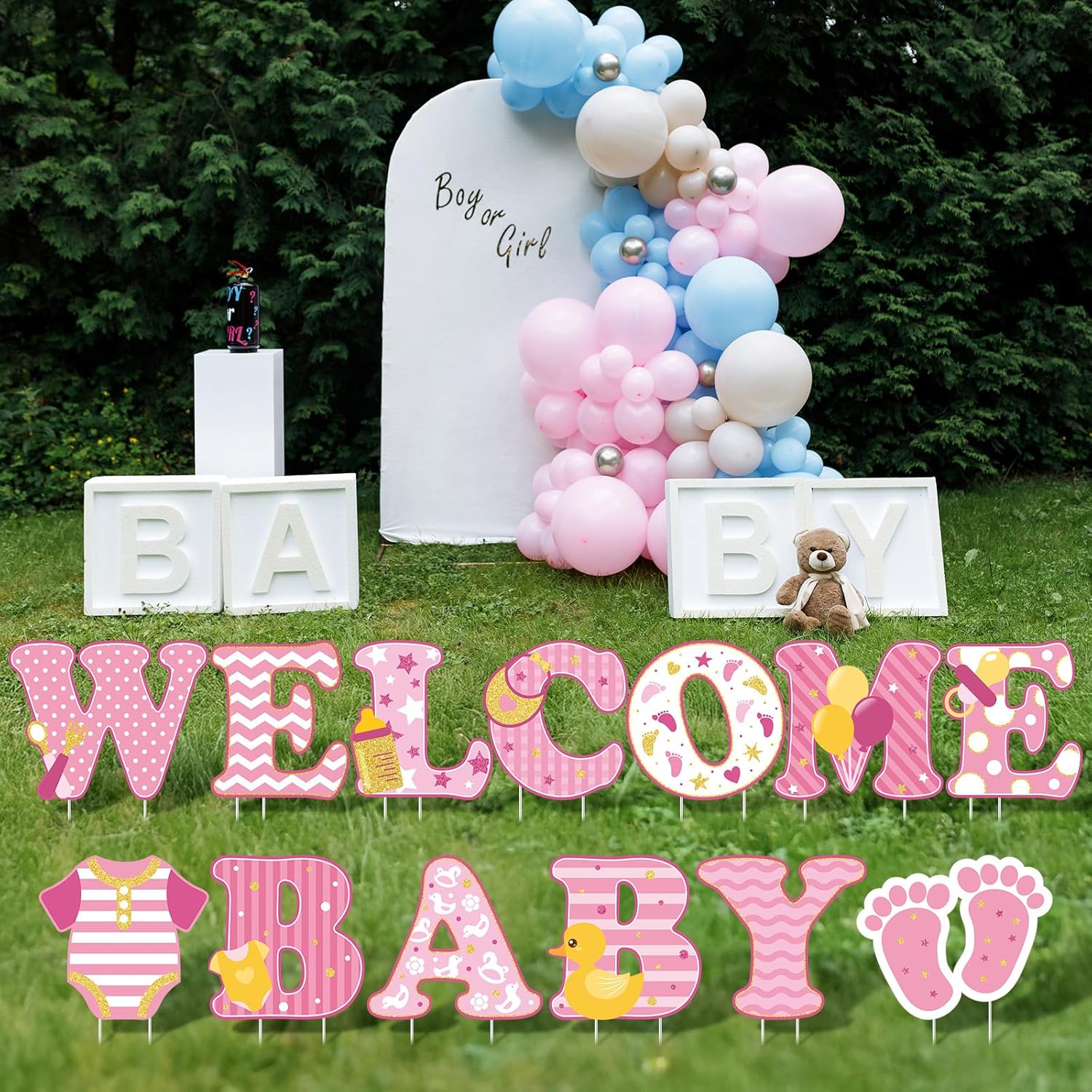 13 Pcs Baby Shower Yard Sign 'welcome Baby' Yard Signs with Stakes, 15 Inch Tall Girl boy Lawn Sign Gender Reveal Outdoor Decoration Welcome Home Newborn Announcement for Party Decorations(Pink)