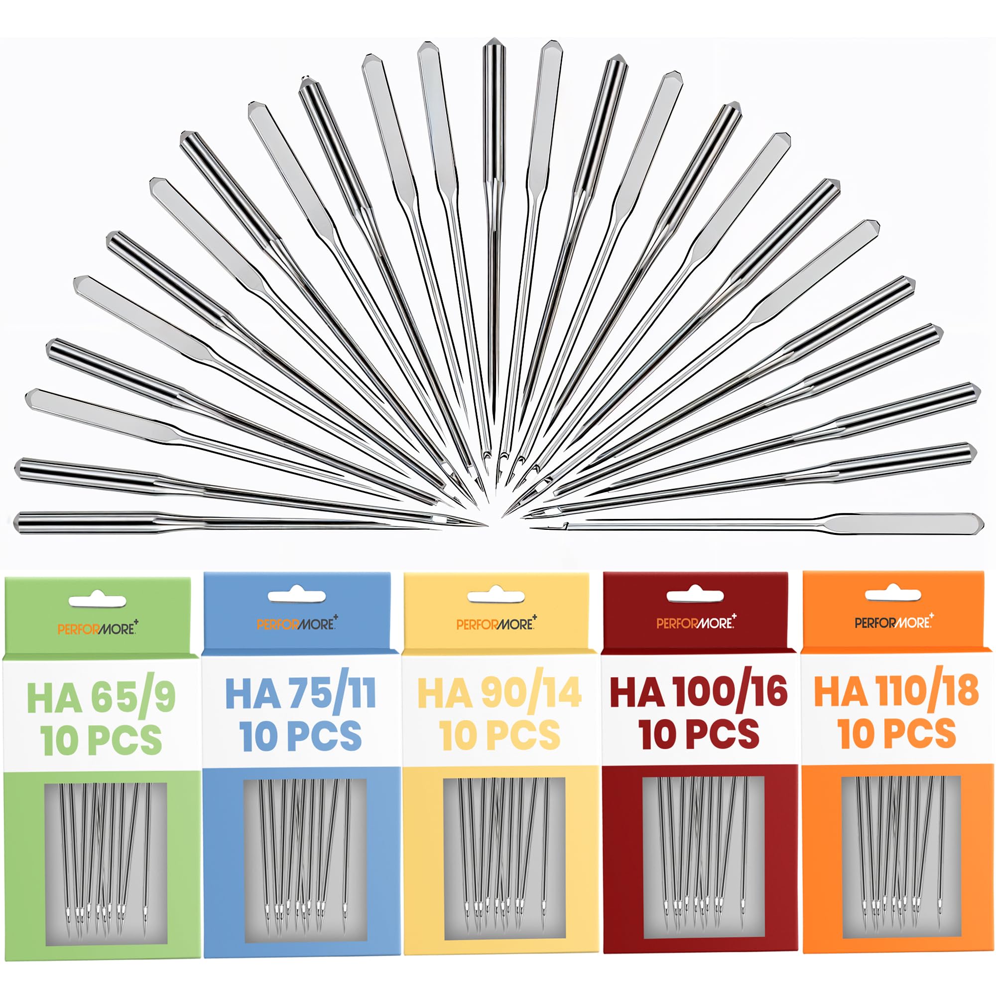 Performore 50 Pack of Sewing Machine Needles, 5 Assorted Sizes (HA 65/9, 75/11, 90/14, 100/16, 110/18) 10pcs of Each, Universal Regular Point Needles, Perfect for Embroidery, Cloth Repair, DIY