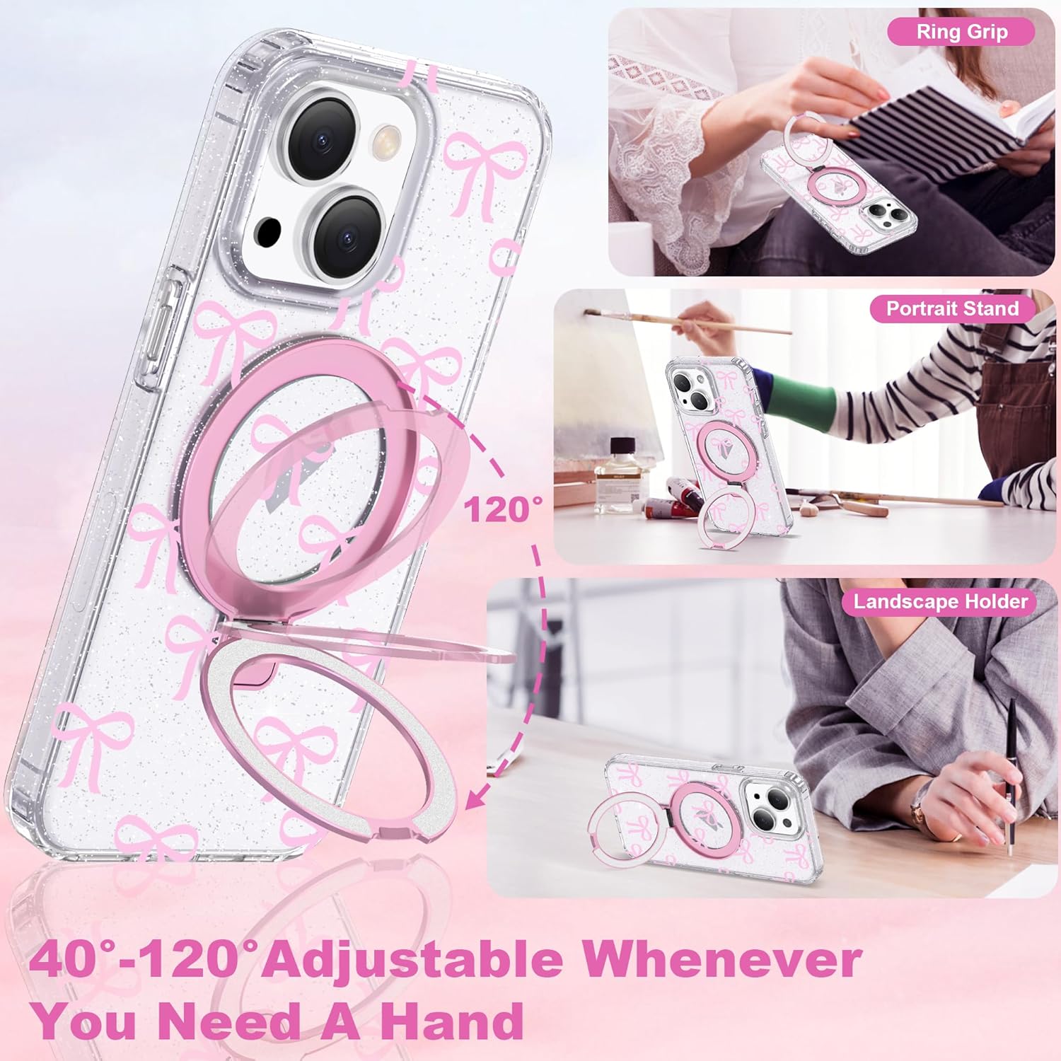 Compatible with iPhone 15 Plus Case Bow Pattern with Magnetic Ring Stand [Compatible with Mag-Safe] TPU Protective Phone Case for Women Girl, Clear Pink - Image 4