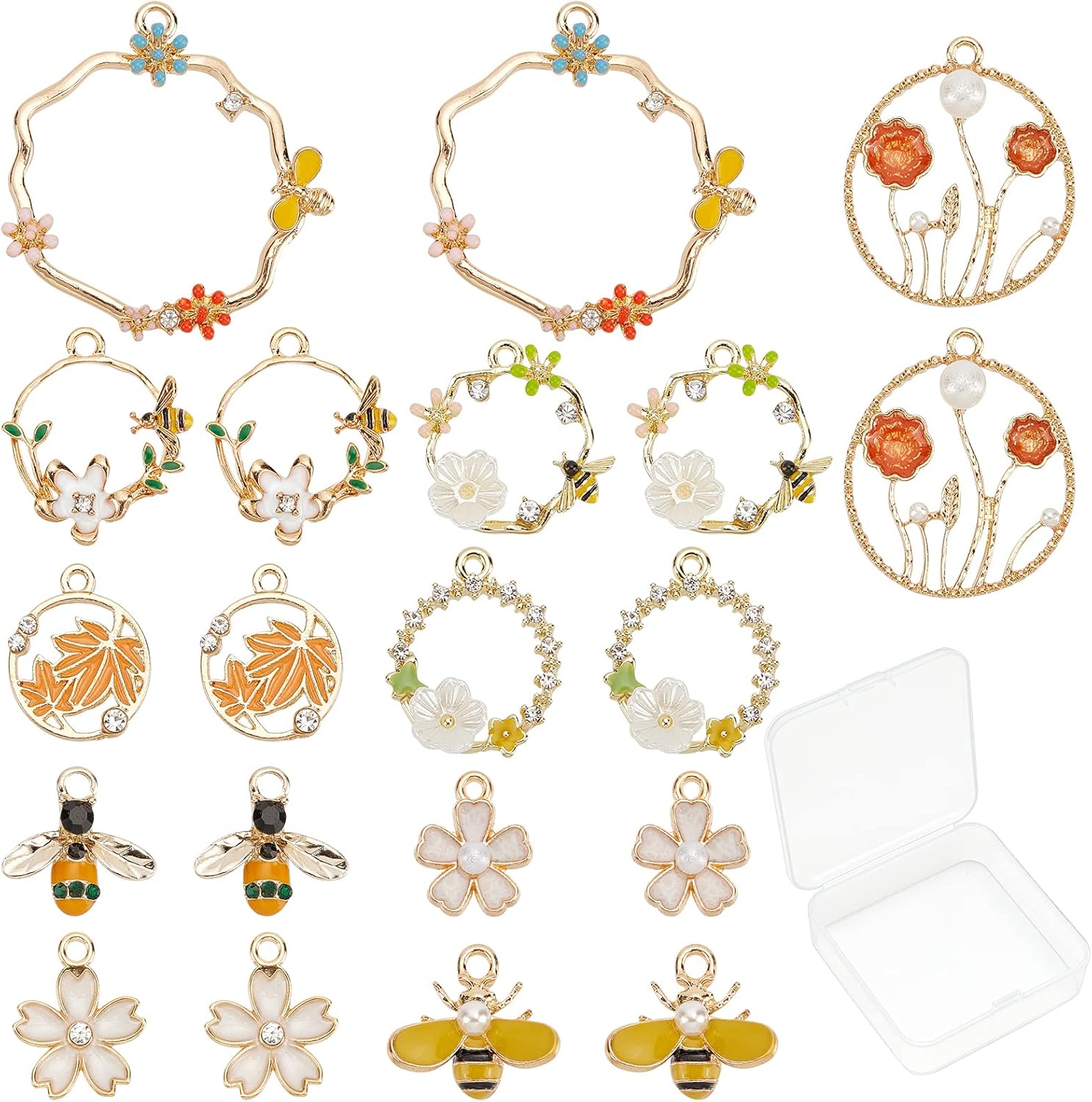 SUNNYCLUE 1 Box 20Pcs 10 Style Enamel Flower Bees Pendant Charms Alloy Eamel Flower Charms with Rhinestone Jewelry Findings for Earring Bracelet Necklace Jewelry Making Supplies Craft