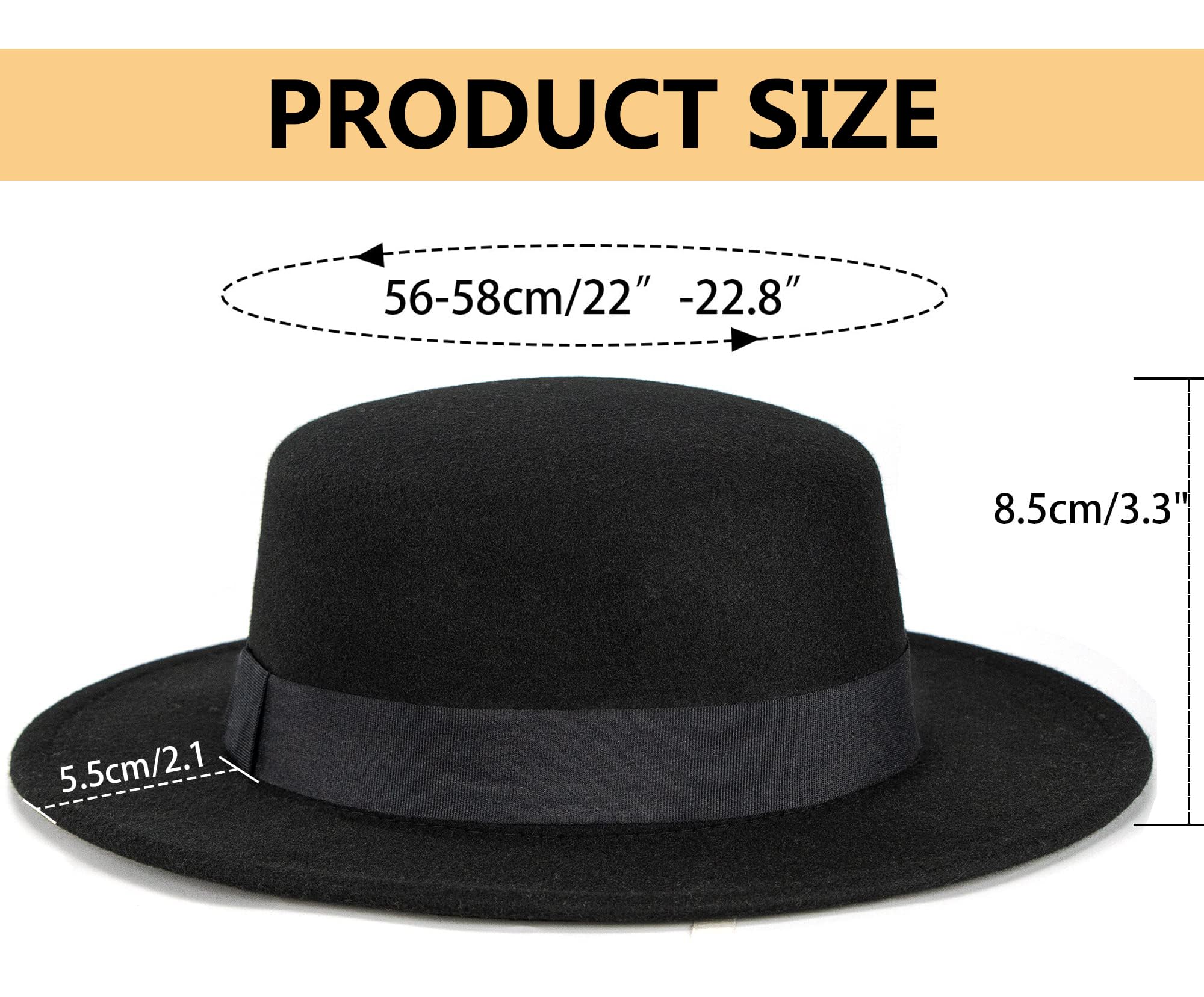 Chapeau Fedora à bord court pour homme et femme - Chapeau plat en feutre de laine - Tailles : S-M