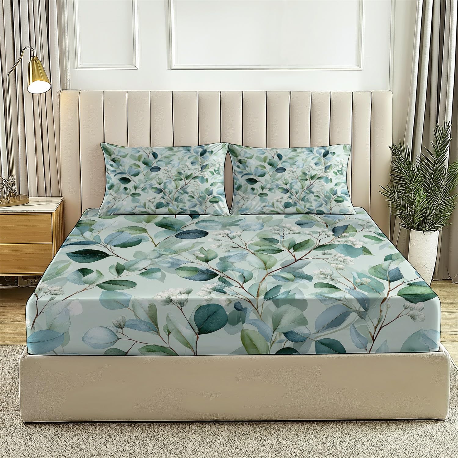 Drap Housse Vert Feuilles Plantes de à l'aquarelle - Drap-Housse Microfibre Brossée,Antidérapant Ajustable Housse Matelas 180 x 240 avec 2 Taie d'oreiller 65x65, pour Adolescents et Adultes