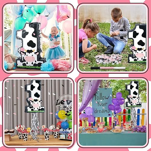 Miniatura 6 de Ferraycle Piñata número 1 de vaca pequeña para decoración de fiesta de primer cumpleaños, suministros de fiesta de cumpleaños de granja de vacas