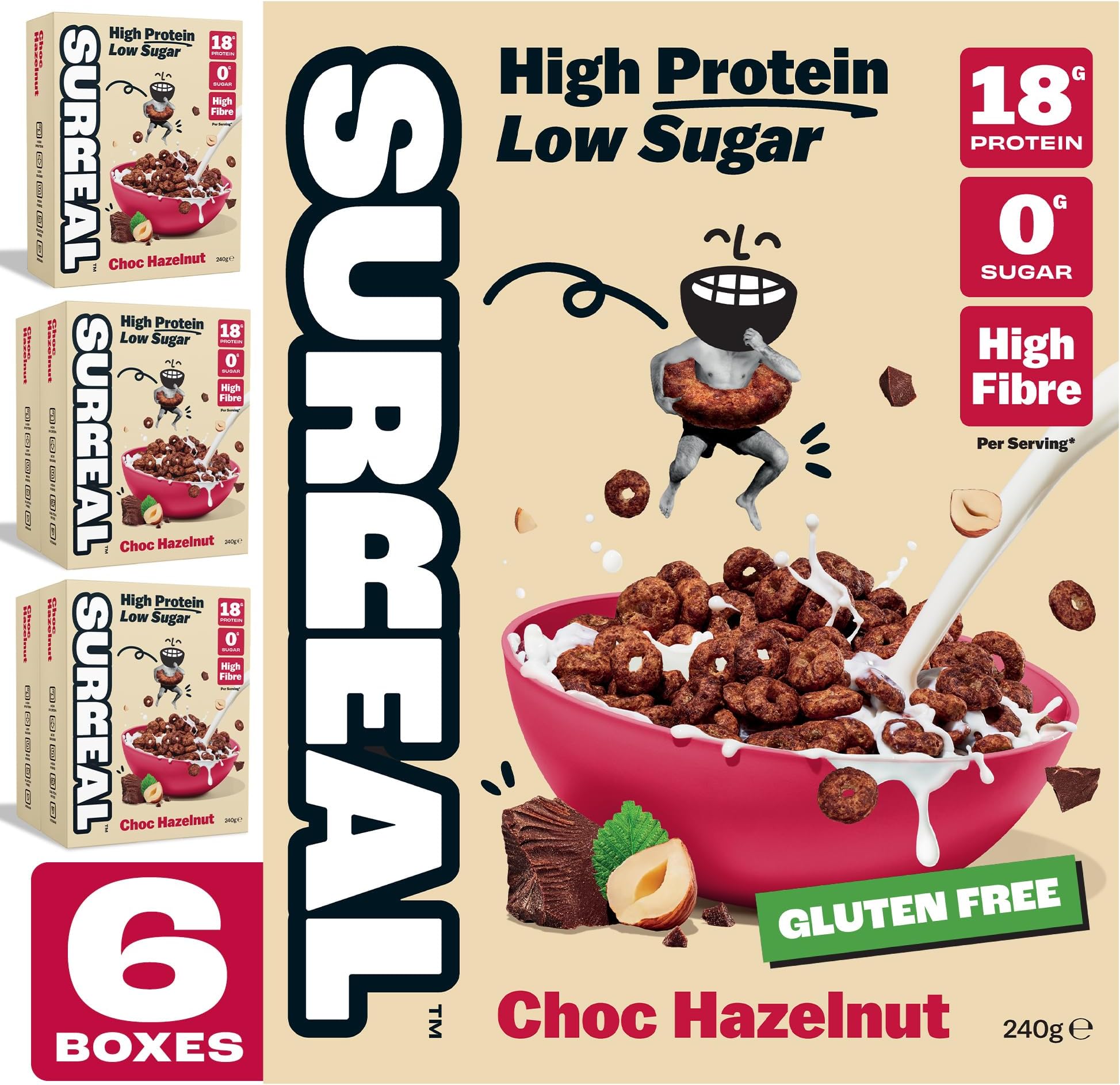 Surreal Choc Hazelnut - Gluten-Free, High Protein, Low Sugar Cereal - Healthy Plant Based Cereal - 15g Protein, 1g Sugar, Vegan - 6 pack