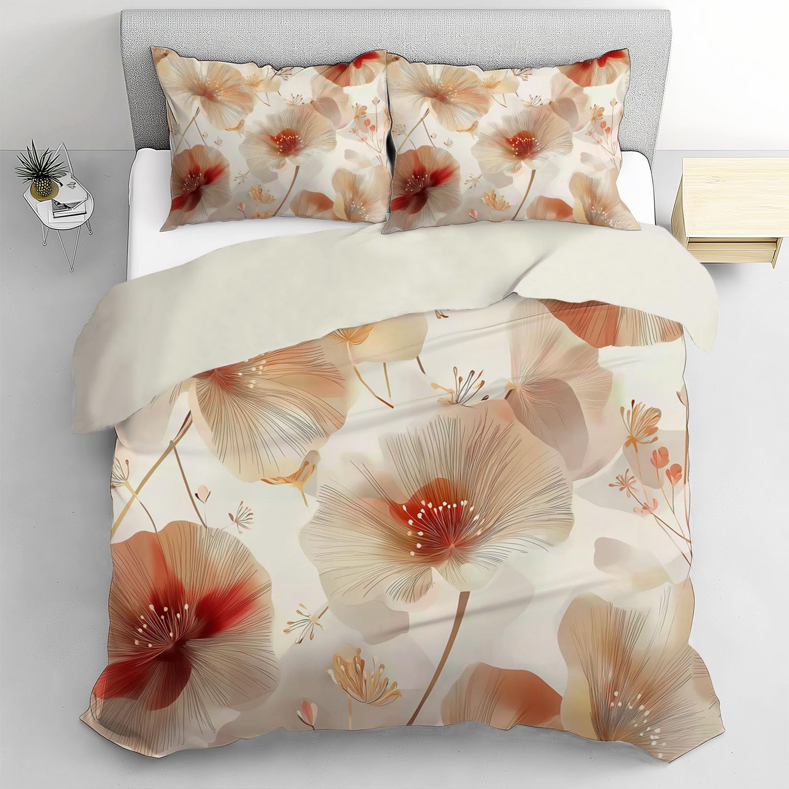 Parure de lit 2 personnes orange au design floral élégant