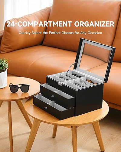 Miniatura 7 de CO-Z Sunglasses Organizer, Leather Eyeglasses Storage Box for Women Men, Lockable Sunglass Display Case Holder with Drawer