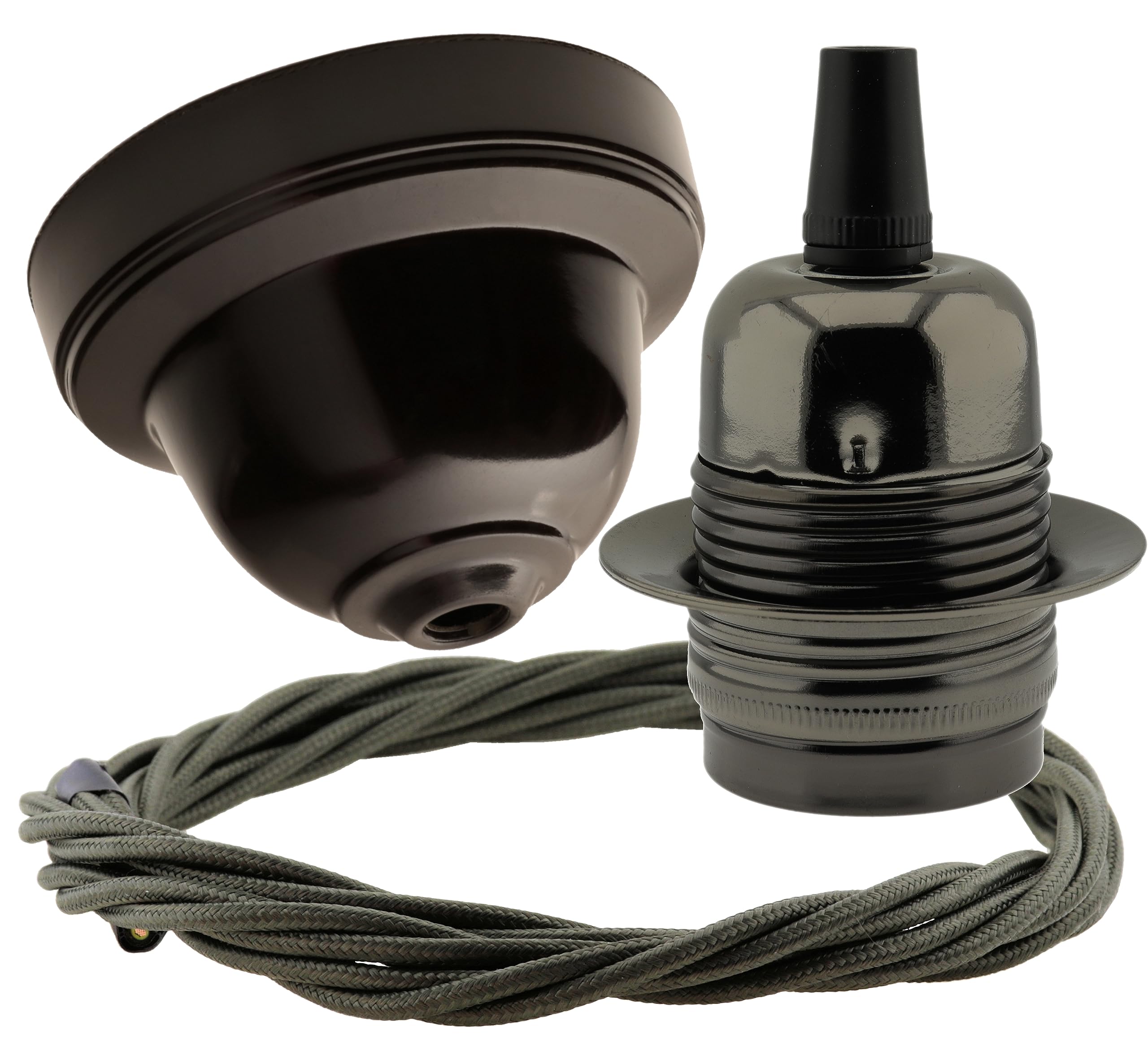 Repaireum Ltd. Vintage Styled Ceiling Pendant Kit incl. Black Bakelite Rose, Traditional E27 Lampholder in Antique Bras and 3 Core Khaki Green Braided Twisted Flex