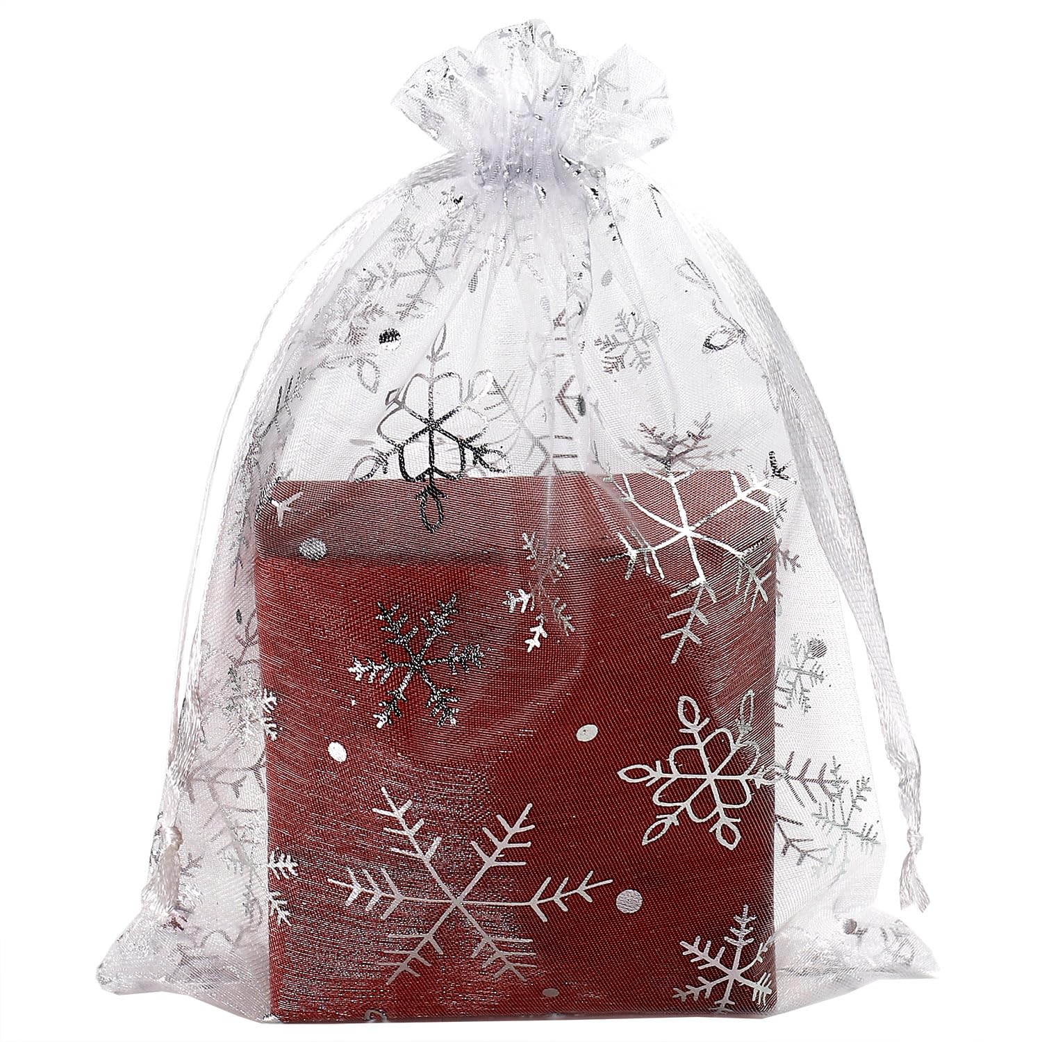 Sungulf 100 Sacchetti In Organza Con Fiocco Di Neve, Con Coulisse, Per Regali Di Natale, Caramelle, Matrimoni, Feste, Bomboniere (Bianco E Argento, Fiocco Di Neve, 15 X 19 Cm)-image