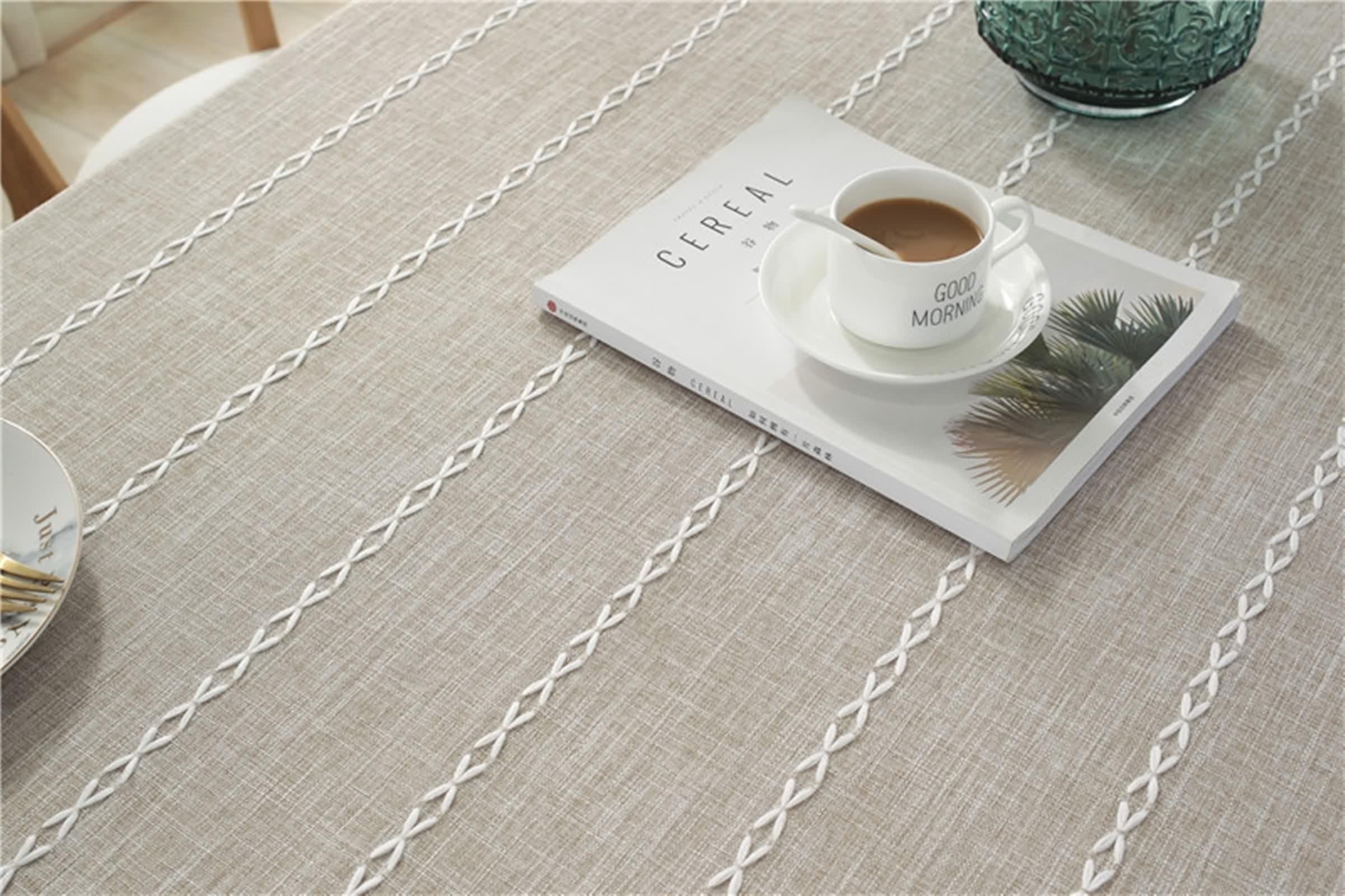 Tovaglia Tavolo Quadrato 90X90, Copri Tavolo Compleanno Caffè Leggero Cotone Lino Tinta Unita con Pizzo Decorativa per Soggiorno Cucina