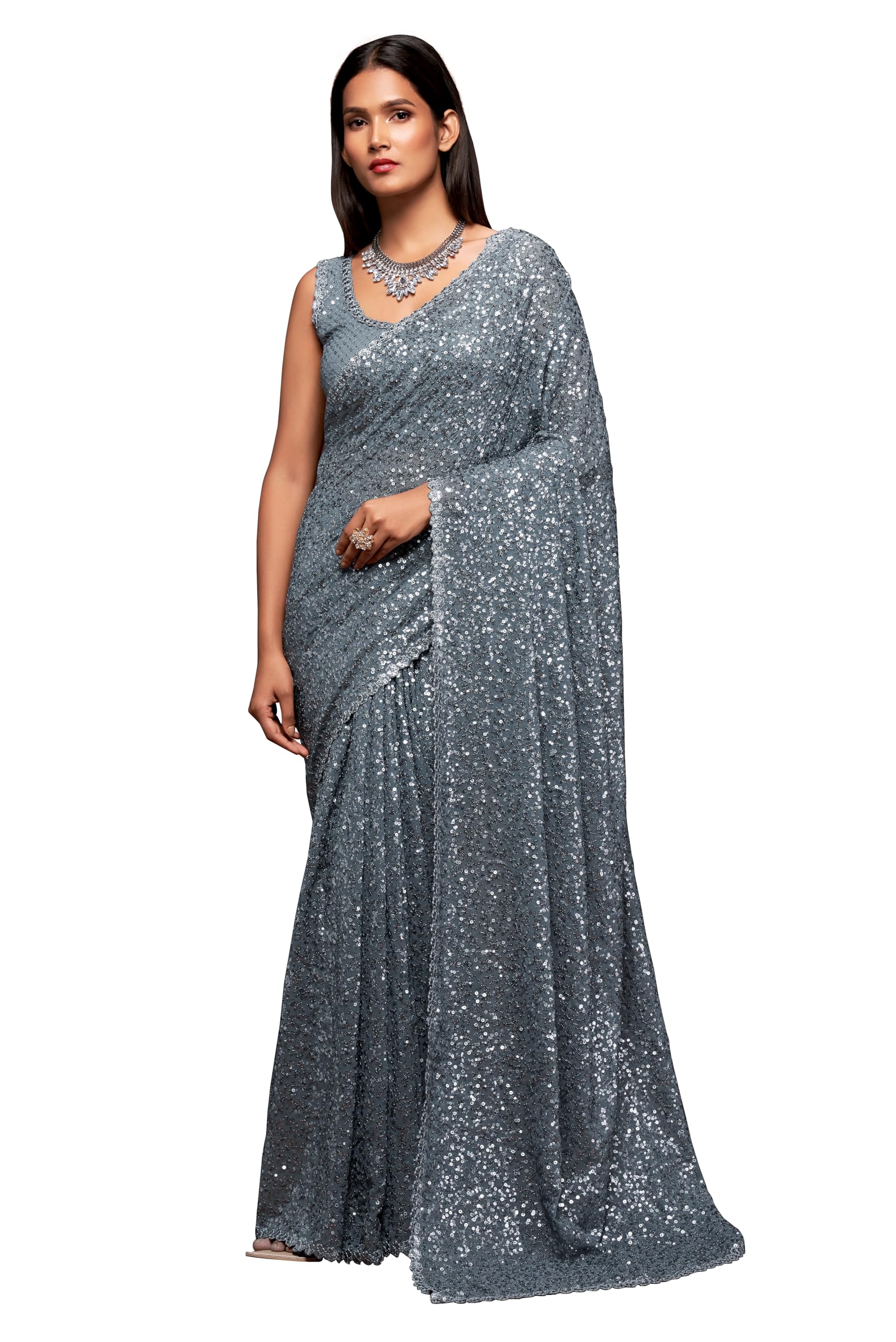 TRENDMALLSWomen's Georgette Sequins work Saree with Unstitched Blouse Piece