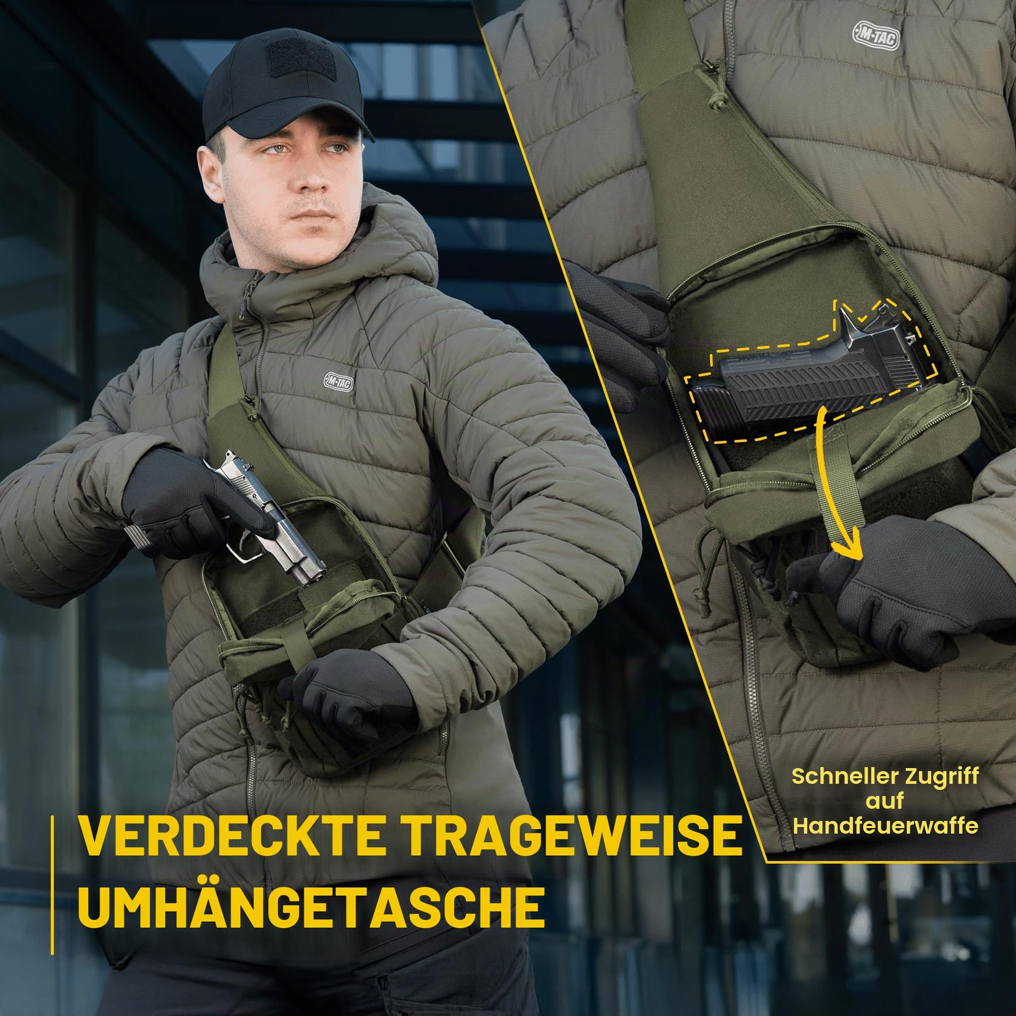 M-Tac Schultertasche mit Pistolenholster – Taktische Umhängetasche Olive aus 600D Polyester mit Klettverschluss & verstellbarem Gurt | Verdecktes Tragen, Outdoor, EDC