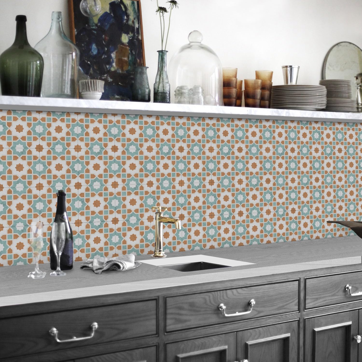 Fliesenaufkleber Blumengeometrie Für Küche Und Bad,Vinyl-Küchenrückwand Klebefliesen,Wasserdicht Ölfest ​Klebefliesen Küche Zum Abziehen Und Aufkleben,Pvc Fliesenaufkleber Bad 8 PC(20x20cm)