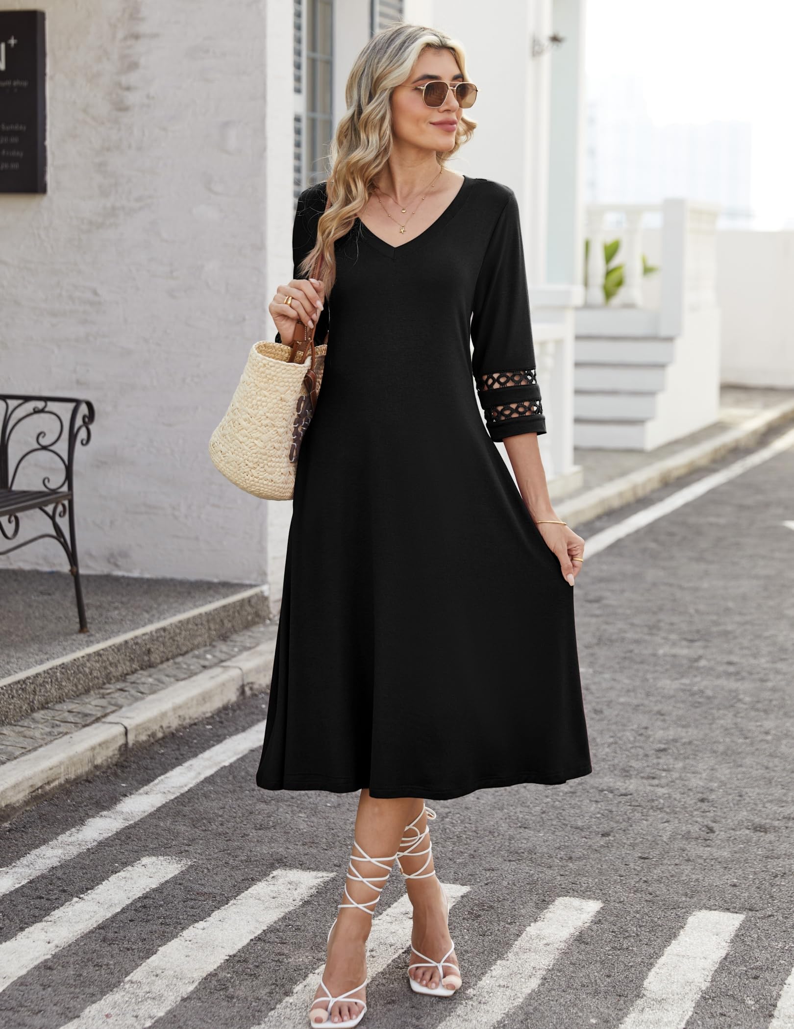 Zeagoo Letnia sukienka damska, elegancka, rękaw 3/4, sukienka midi, koronkowe rękawy, sukienka tunika, sukienka z kieszeniami, dekolt w serek, sukienka na czas wolny