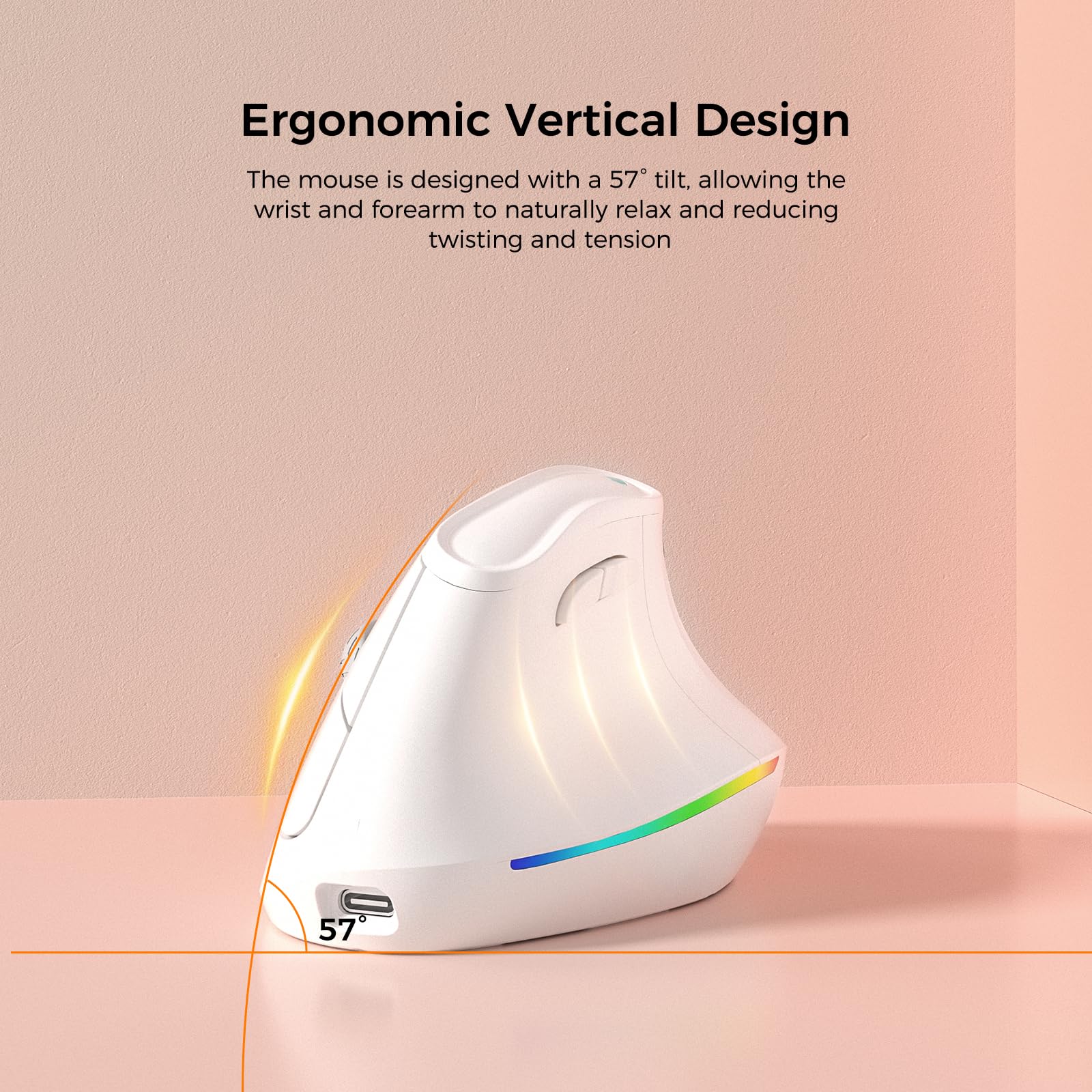 KYSONA 57° Ergonomic Wireless Rechargeable Mouse, Vertical Quiet Ergo Mouse, RGB Light, Bluetooth(BT5.0,BT3.0)&2.4G, (800/1200/2400/2400/4000), 7 Buttons for Windows, macOS, iPadOS, Laptop, PC,White