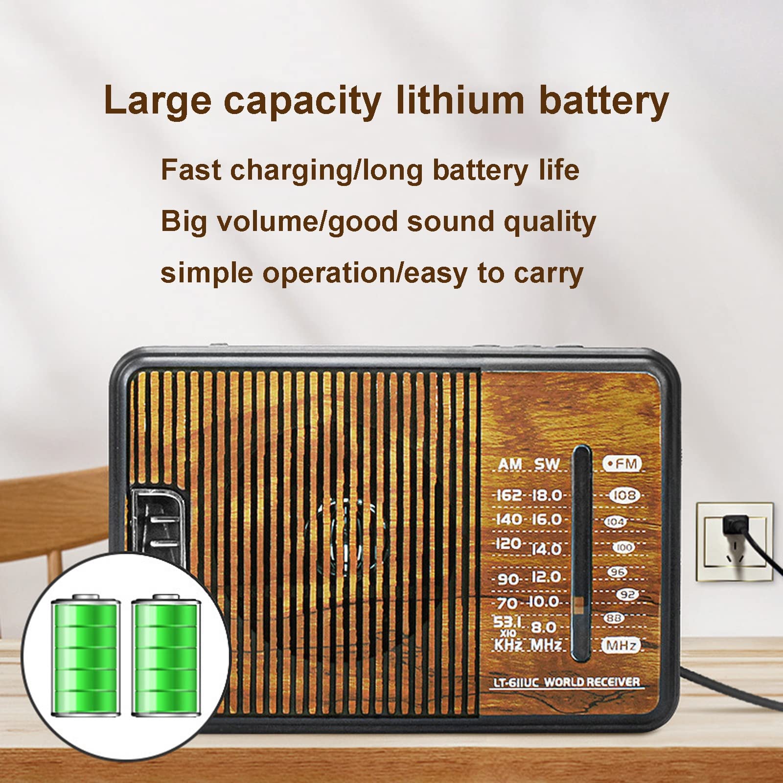 Radio FM/MW/SW1/SW2, radios portátiles con iluminación LED, Alimentado por baterías o 220 V CA, Adecuado para Personas Mayores y hogar,B