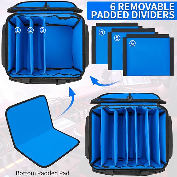 OUUTMEE DJ Cable File Bag, DJ Wire Storage Bag with Removable Dividers | 1680D Nylon DJ Equipment Organiser with Padded Base, Travel Wire Bag for Professional DJ Gear, Music Accessories Small, Blue