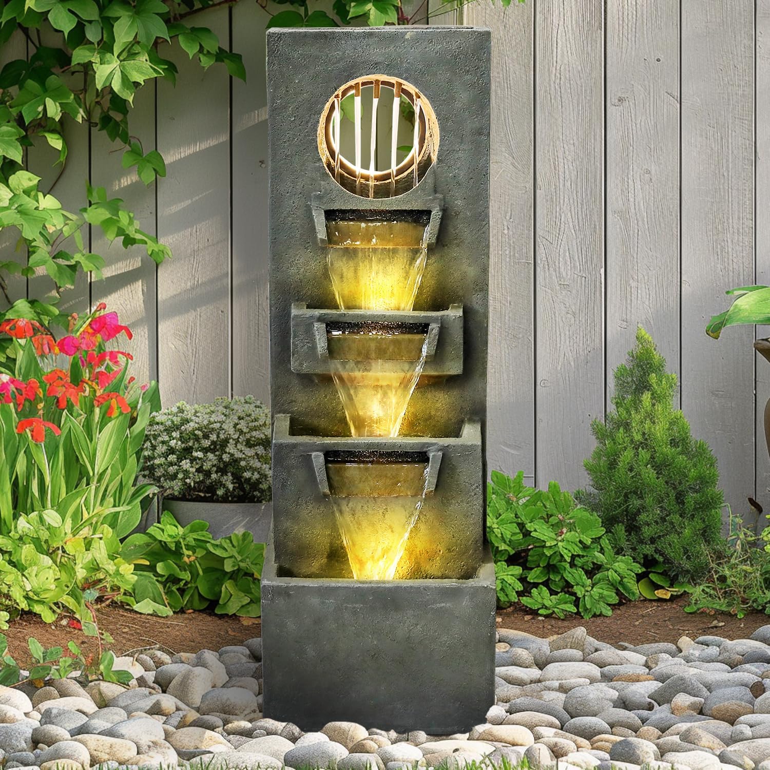 watnature 39.3”H Modern Outdoor Waterfall Fountain - Tall Indoor Relaxing Floor Fountain Outdoor with Light&Pump, Contemporary 4-Tier Outdoor Fountains and Indoor Waterfalls for House, Office, Garden