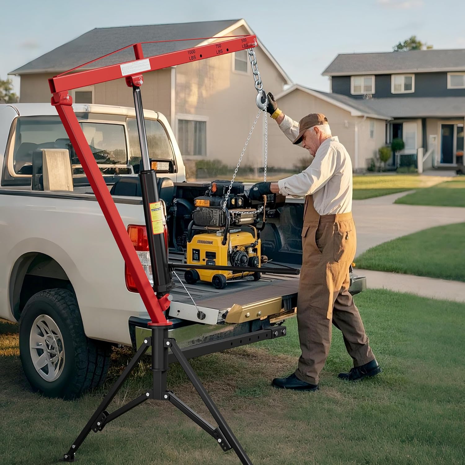 CAMMOO 1000lbs Receiver Hitch Mounted Hydraulic 360° Swivel Truck Crane with 3 Boom Capacity Options: 500lbs, 750lbs, 1000lbs. Ideal for Workshops, Construction, Agriculture, and Logging, Red