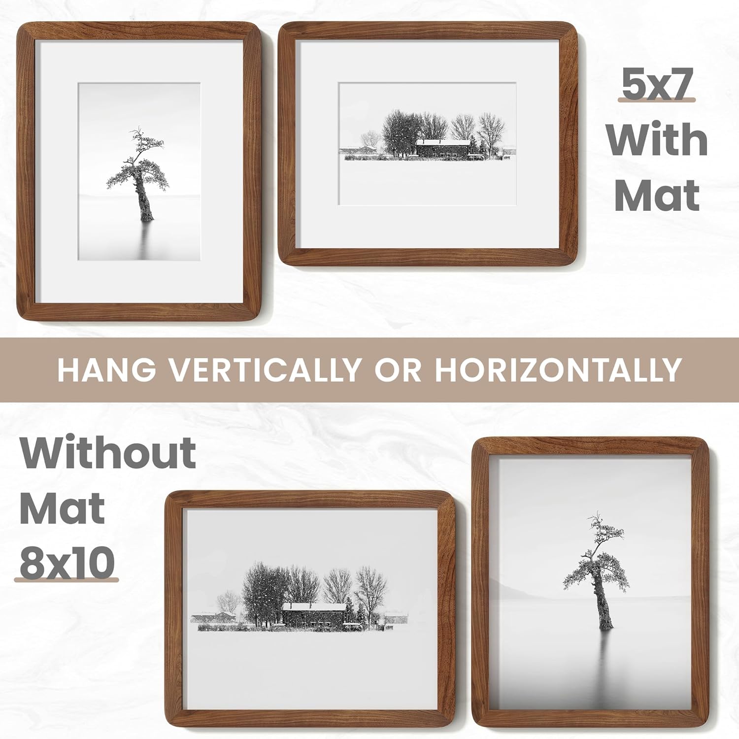 Dreamland 8x10 Picture Frame with Mat for 5x7, USA-Sourced Natural Walnut Wood Photo Frames with Resistant Plexiglass, 8 x 10 Handcrafted Round Corner Gallery Wall Frames for Art Photo and Prints