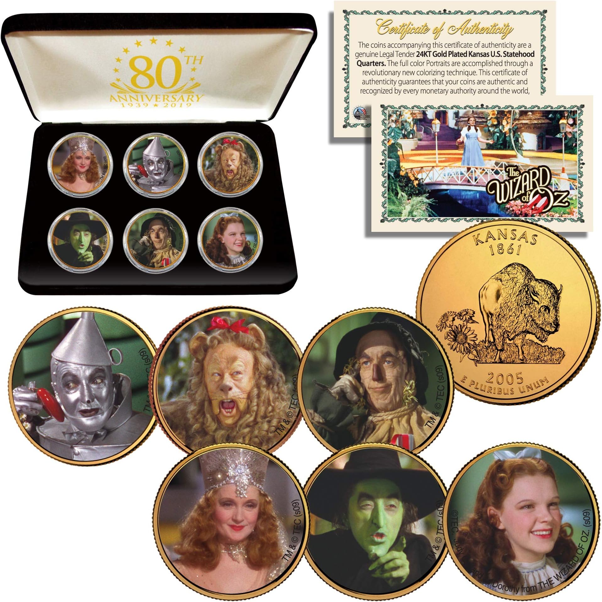 Wizard of OZ Kansas Quarters 24K Gold Clad 6-Coin Set with Display Gift Felt Box