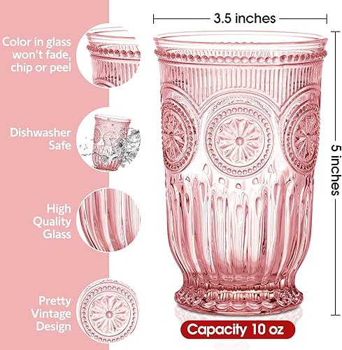 Miniatura 3 de Juego de cristalería rosa con estampado de girasol vintage, 6 vasos y 6 vasos pequeños, vasos rosados a juego para fiesta