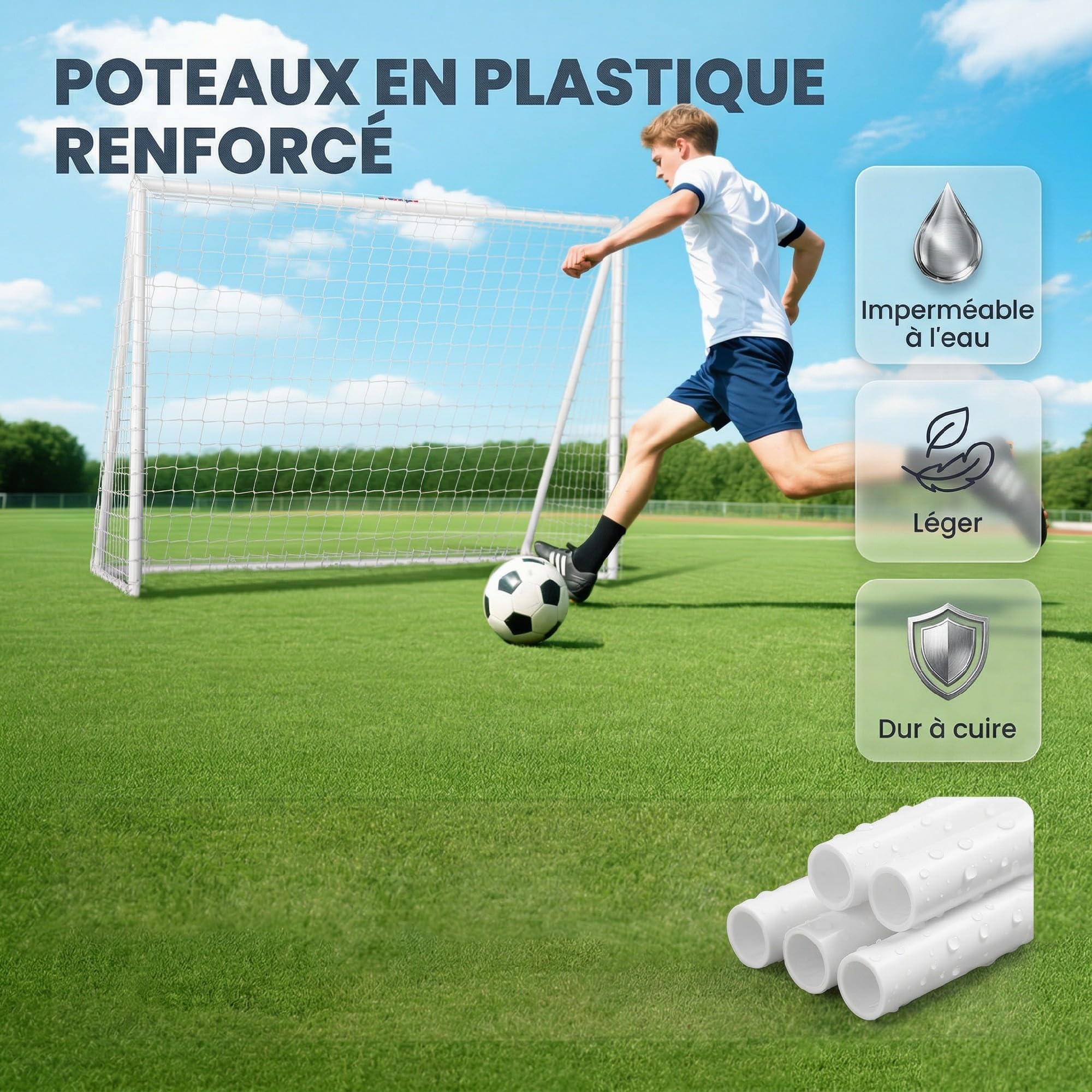 SPORTNOW But de Football 2,4 x 1,8 m avec Filet Poteaux en PVC Blanc | Cage de Foot pour Jardin ou Parc, But d'Entraînement, Poteaux en PVC, Piquets de Sol, Installation Rapide
