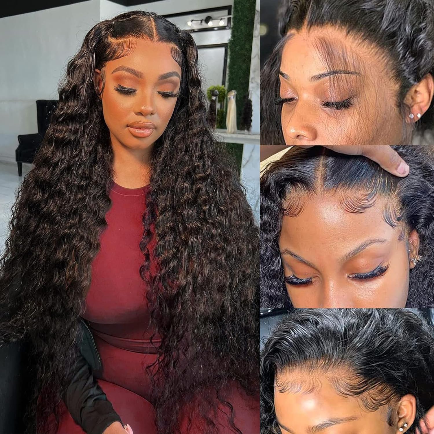 Oxeyegirl 16 Inch 200 Density 13x4 HD Lace Frontal Wig Water Wave Human Hair Wig for Black Women Glueless Curly Wig Human Hair Pre Plucked with Baby Hair Natural Hairline Brazilian Real Hair Wig(41cm)