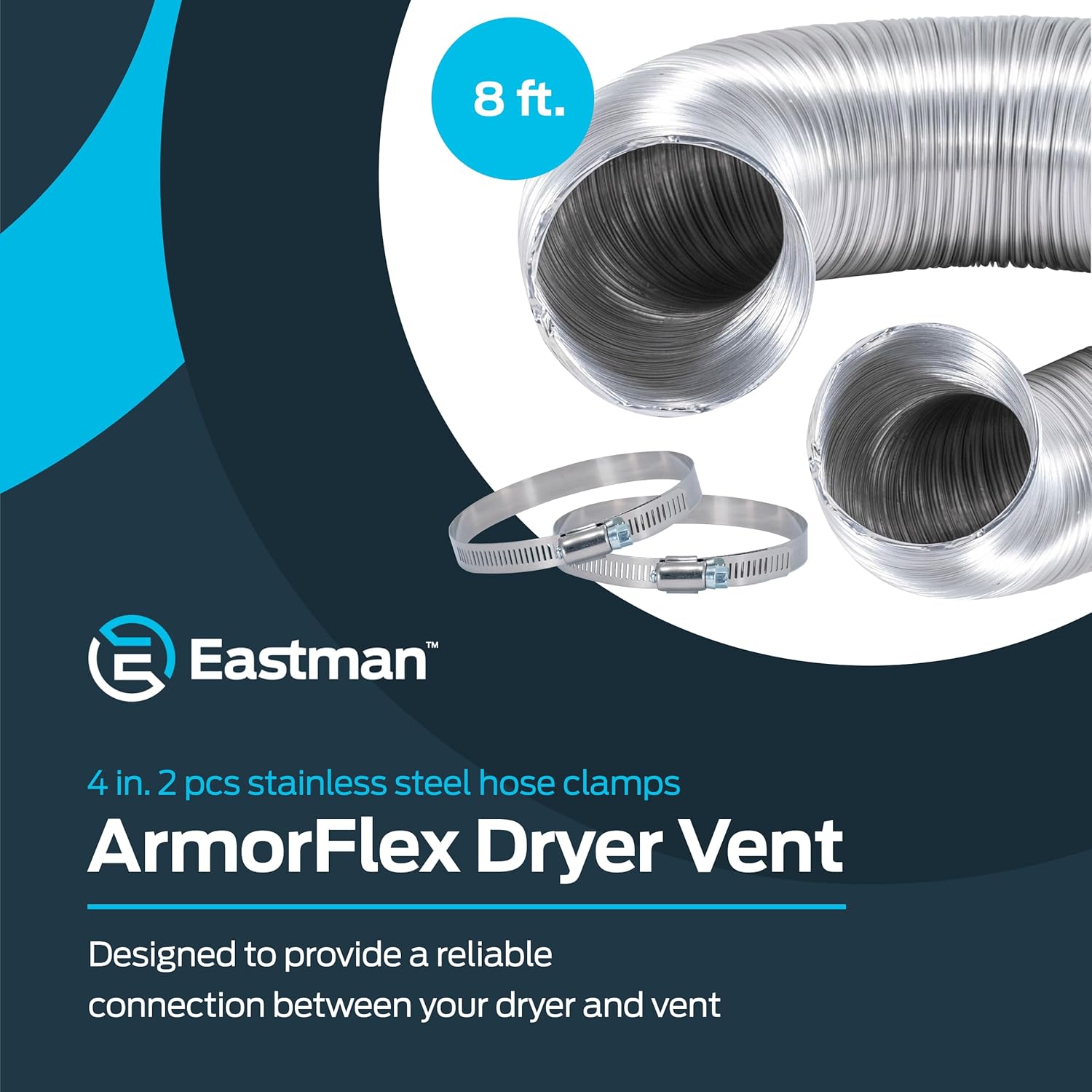 Eastman 8 Foot ArmorFlex Dryer Vent, Flexible Aluminum Duct with Clamps, Semi-Rigid, 69028